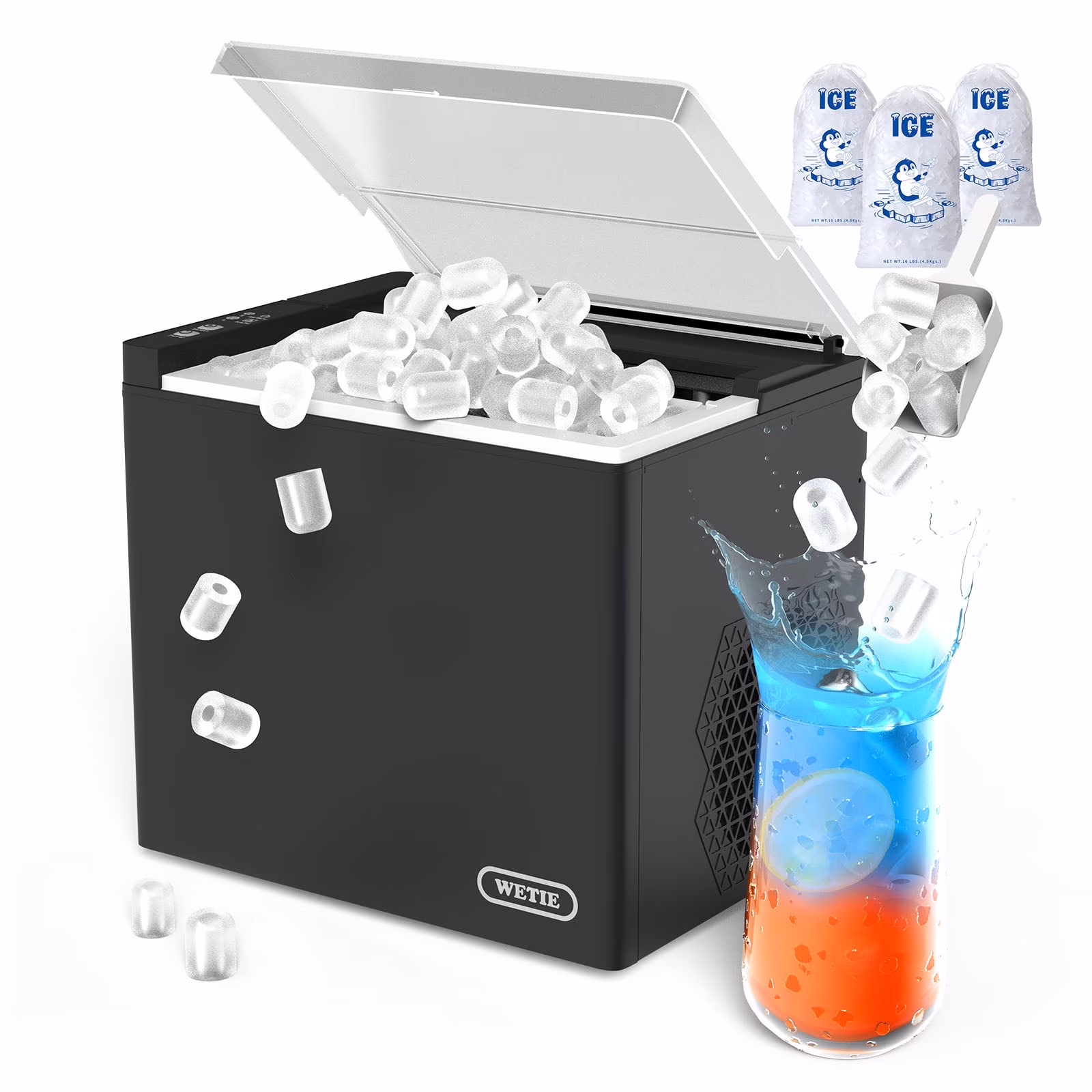 WETIE Countertop Ice Maker, 9 Bullet Ice Cubes in 6 Mins, 2 Ice Sizes, 26 lb/24H with Removable Washable Ice Tray Scoop, with Self - Cleaning Function for Home/Kitchen/Camping/Party