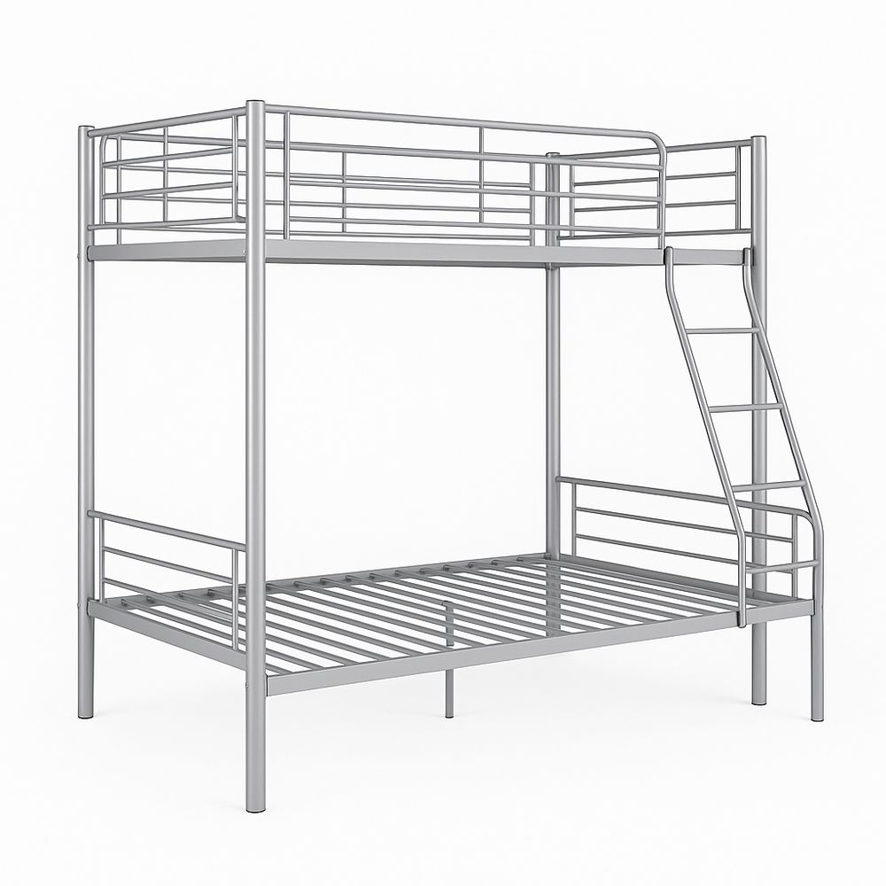 Cama literas de metal, diseño moderno, estructura resistente, tamaño doble, color plata, ideal para habitaciones infantiles o de huéspedes