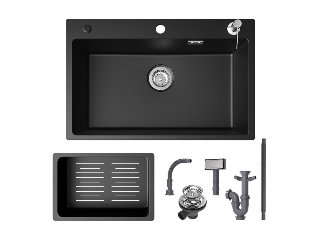 Fregadero Casaplu 1 seno de cuarzo y resina con escurridor y dosificador de jabón 70x45cm + Mezclador de cocina con ducha extraíble negro