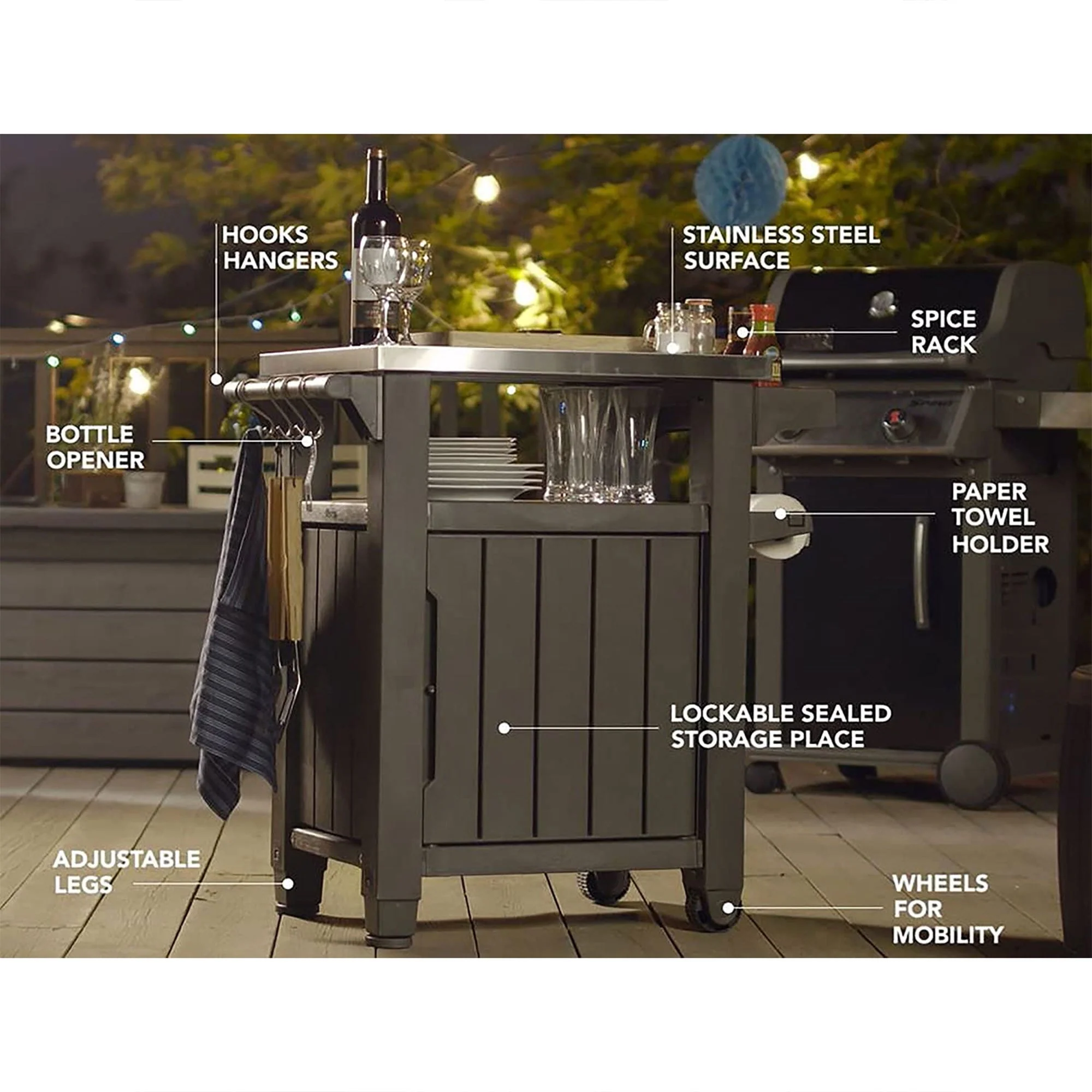 Keter Unity 40 Gal Patio Storage Grilling Bar Cart w/Stainless Top, Brown - Image 7