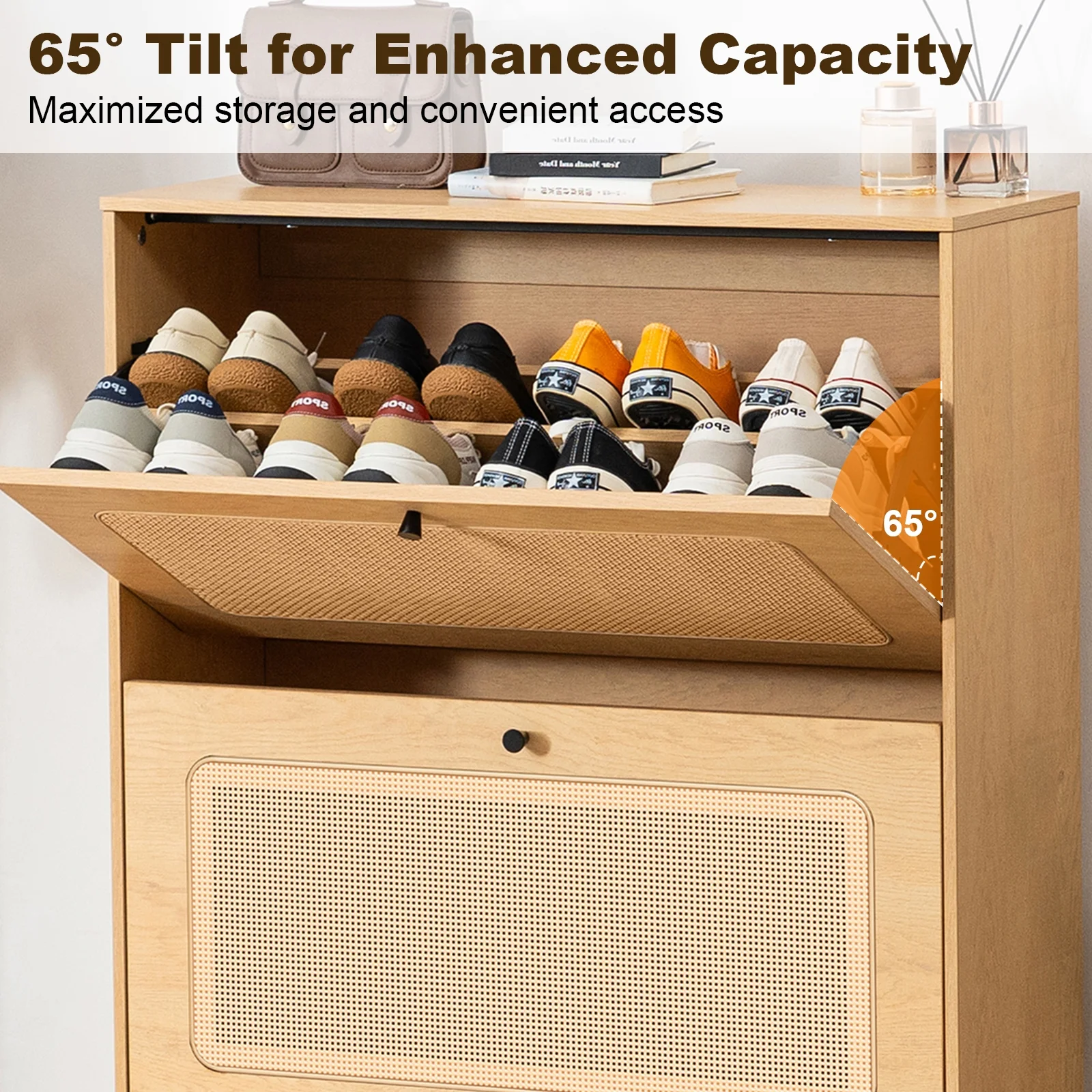 Hommpa Rattan Shoe Cabinet with 2 Flip Drawers & Adjustable Shelves 5 Tier Freestanding Tipping Bucket Shoes Storage Closet for 16 Pairs Narrow Console Table Modern Boho Entryway Shoe Rack Organizer - Image 10