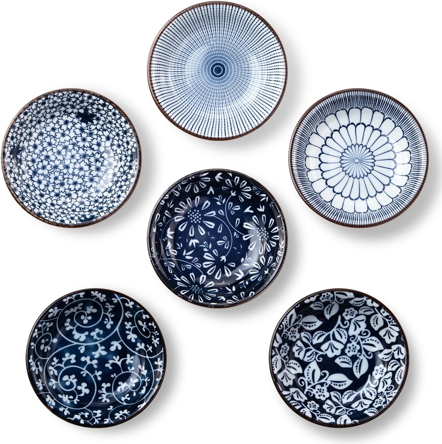 Dipping Bowls, Soy Sauce Dish Ceramic, 3 OZ Small Serving Bowls for Side Dishes Vintage Blue Stylish Design, Set of 6 Mini Appetizer Plates for Condiment Sushi Ketchup BBQ Party, 4 Inch
