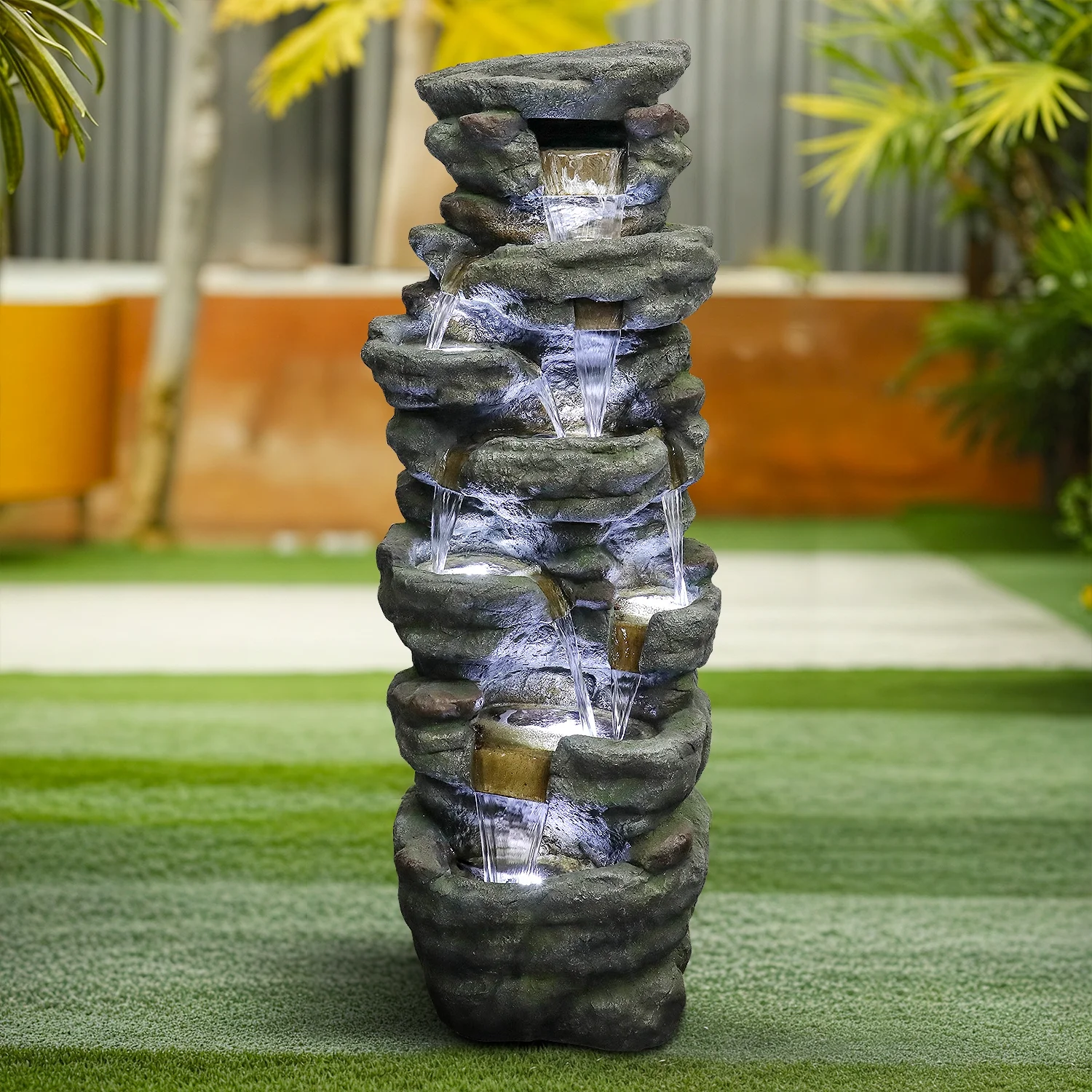 51" H Outdoor Water Fountain - 7-Tiers Rock Waterfall Fountain with LED Lights for Home Garden Decor - Image 2