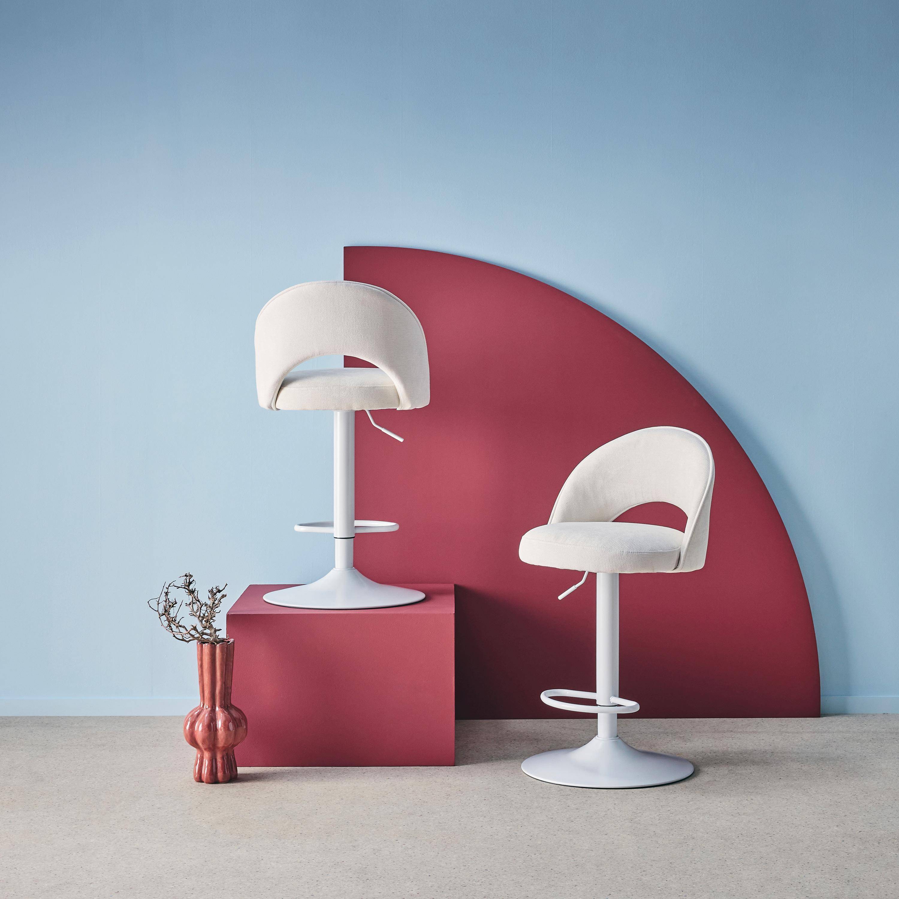 Abby - Taburete de bar ajustable de metal y tela con base blanca, set de 2