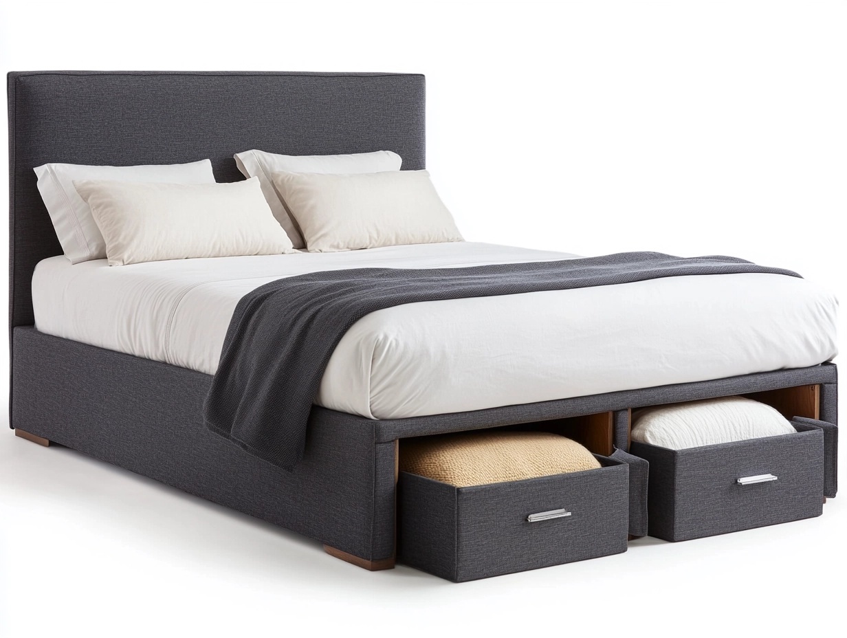 Cama tapizada gris oscuro con cajones de almacenamiento laterales
