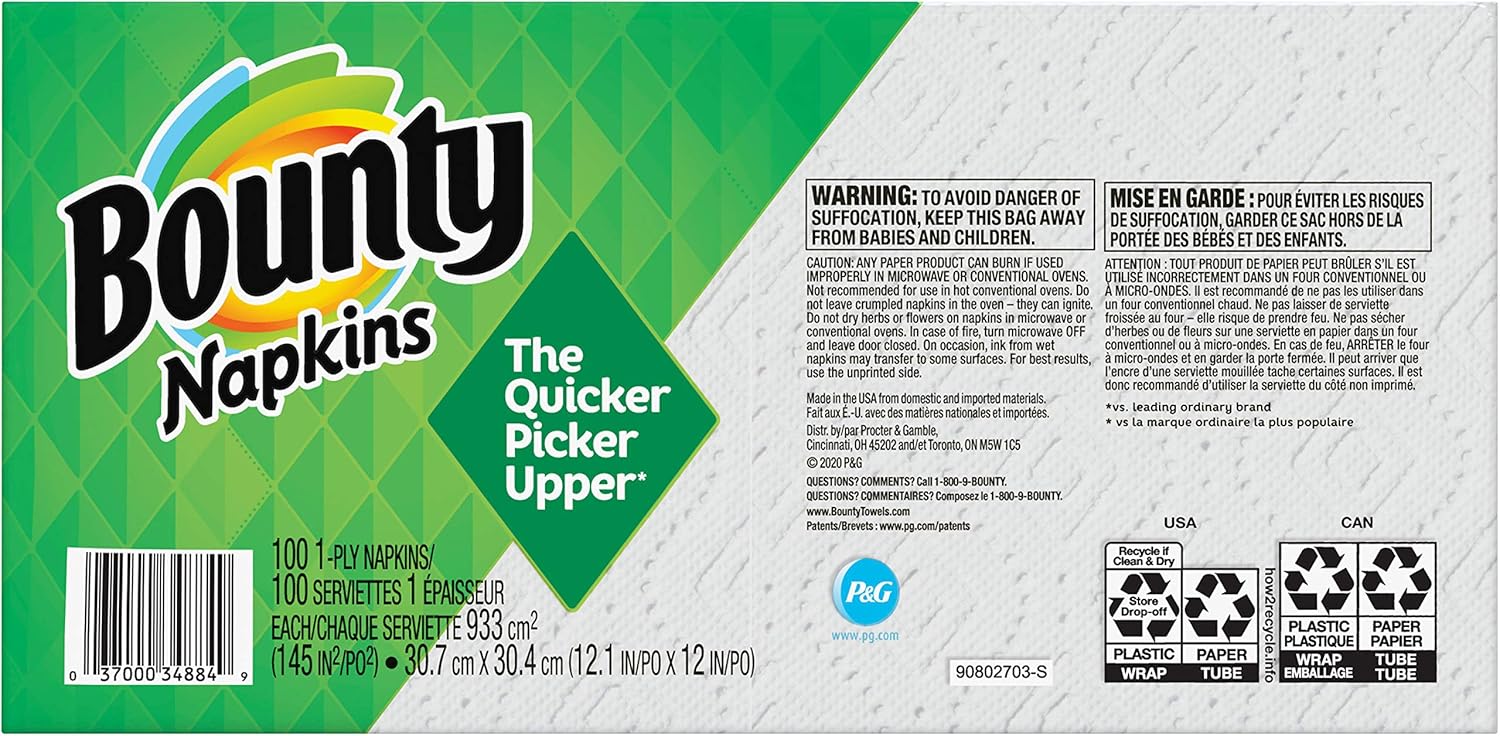 Bounty Quilted Napkins, 1-Ply, 12.1In X 12In, 100/PK, White