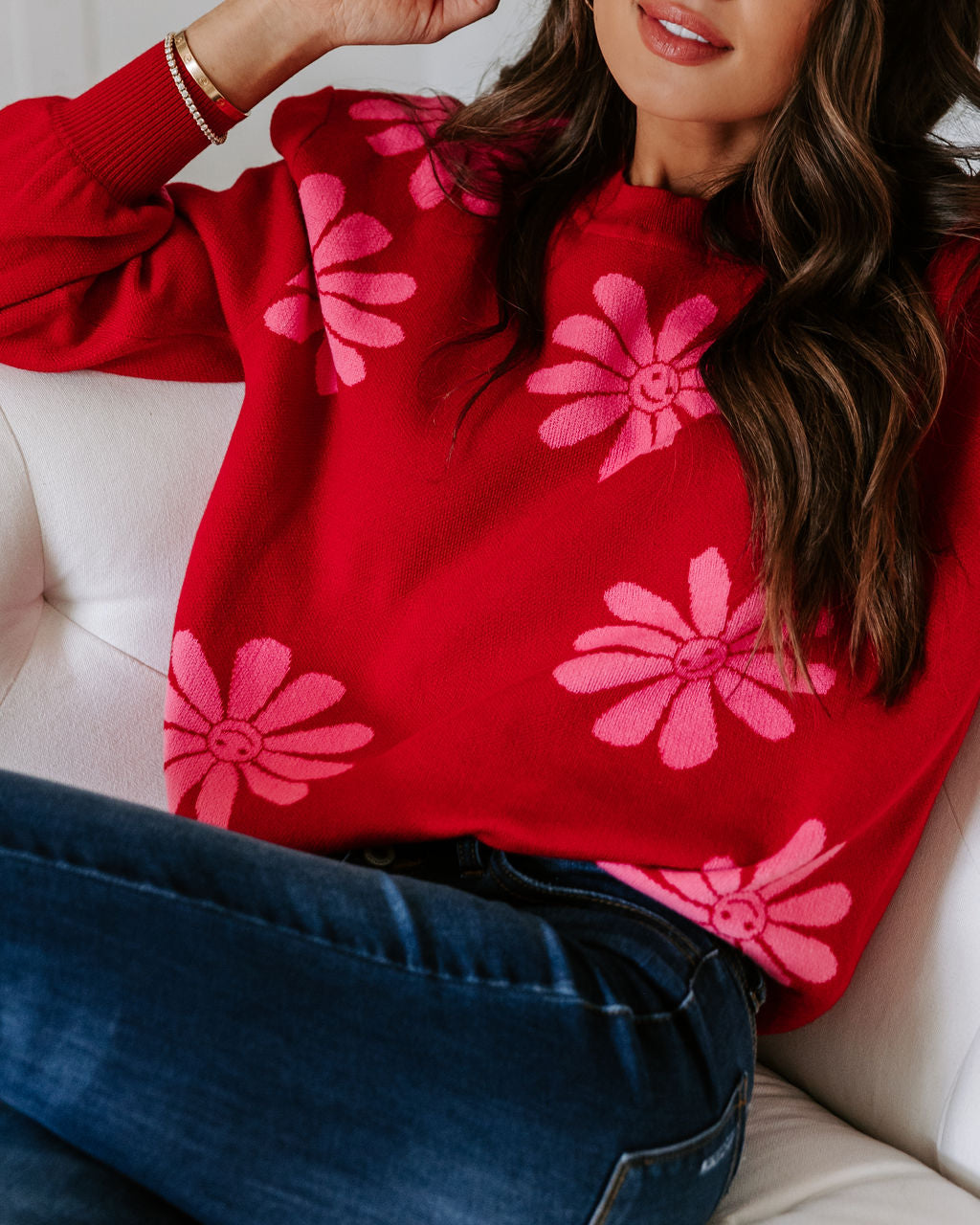 Oh Happy Daisy Pullover Sweater - Red - Se7enfashion
