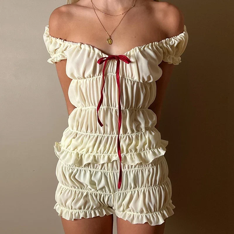 Vintage Ruched Off Shoulder Crop Top Two Piece Shorts Set