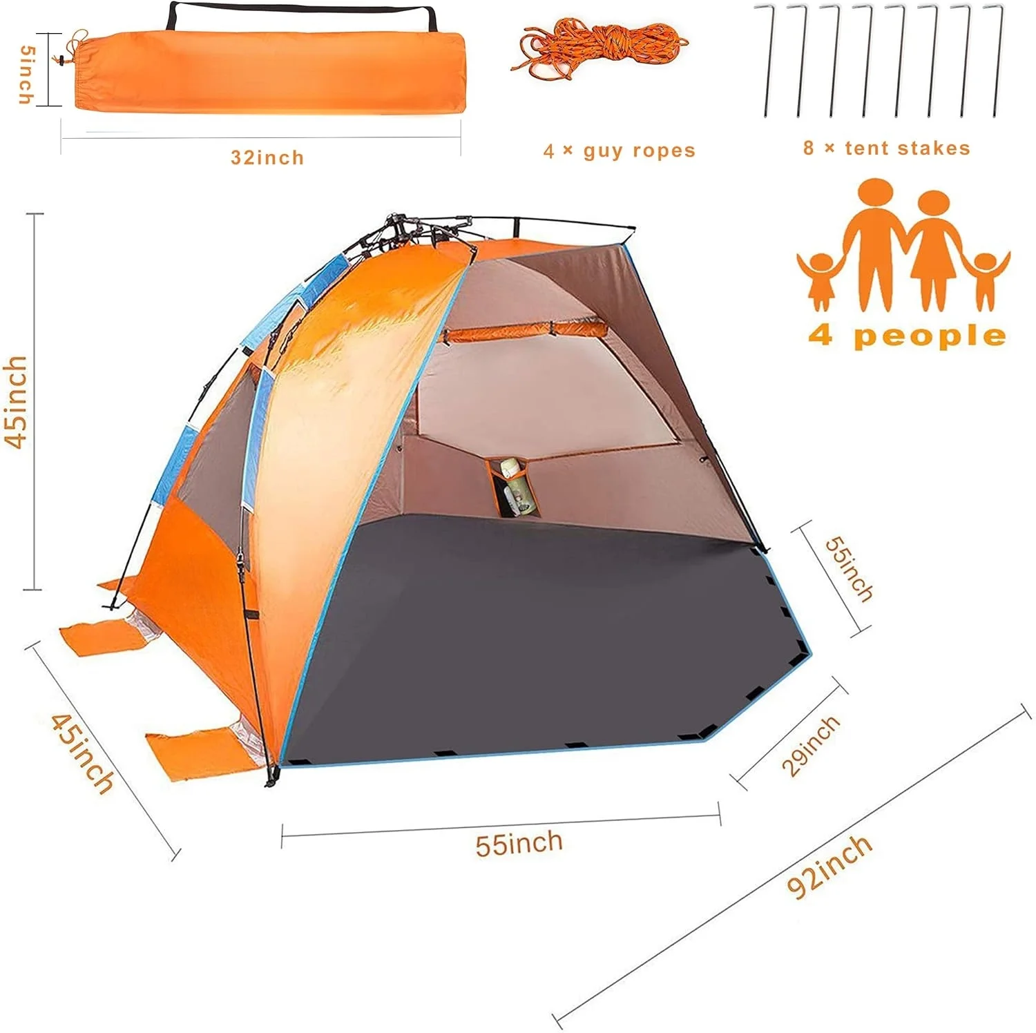 X-Large 4 Person Beach Tent Sun Shelter - Portable Sun Shade Instant Tent for Beach with Carrying Bag, Stakes, 6 Sand Pockets, Anti UV for Fishing Hiking Camping, Waterproof Windproof, Orange - Image 2