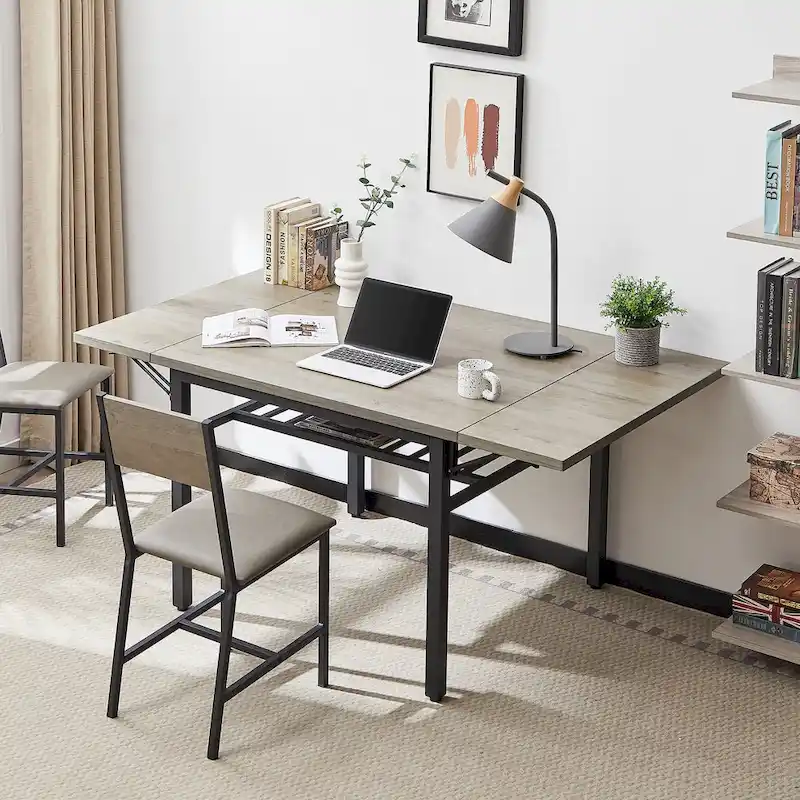 Contemporary Industrial 63.2" Extendable Dining Table with Drop Leaf, Accommodates 6