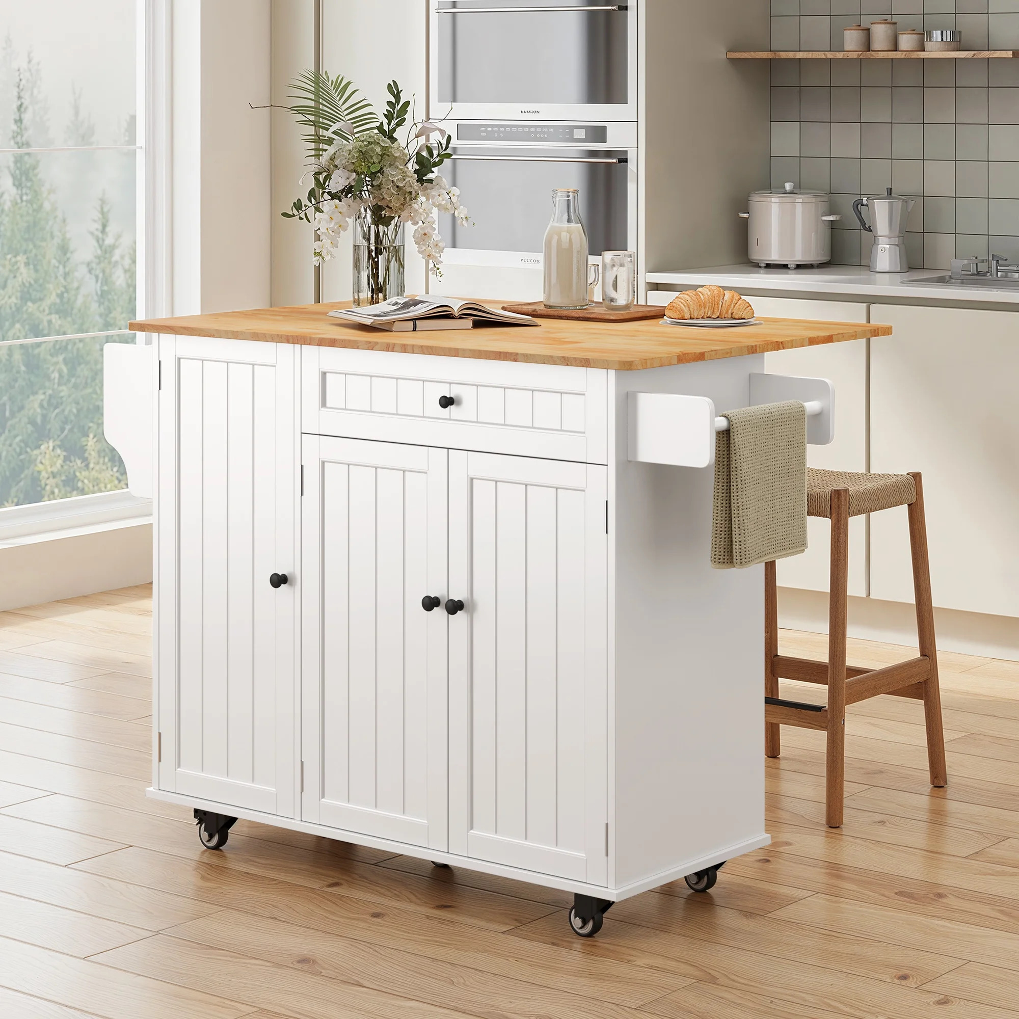 Noelse Kitchen Island with Storage, Island Table for Kitchen with Drop Leaf, Spice Rack, Towel Bar for Small Kitchens, White - Image 4