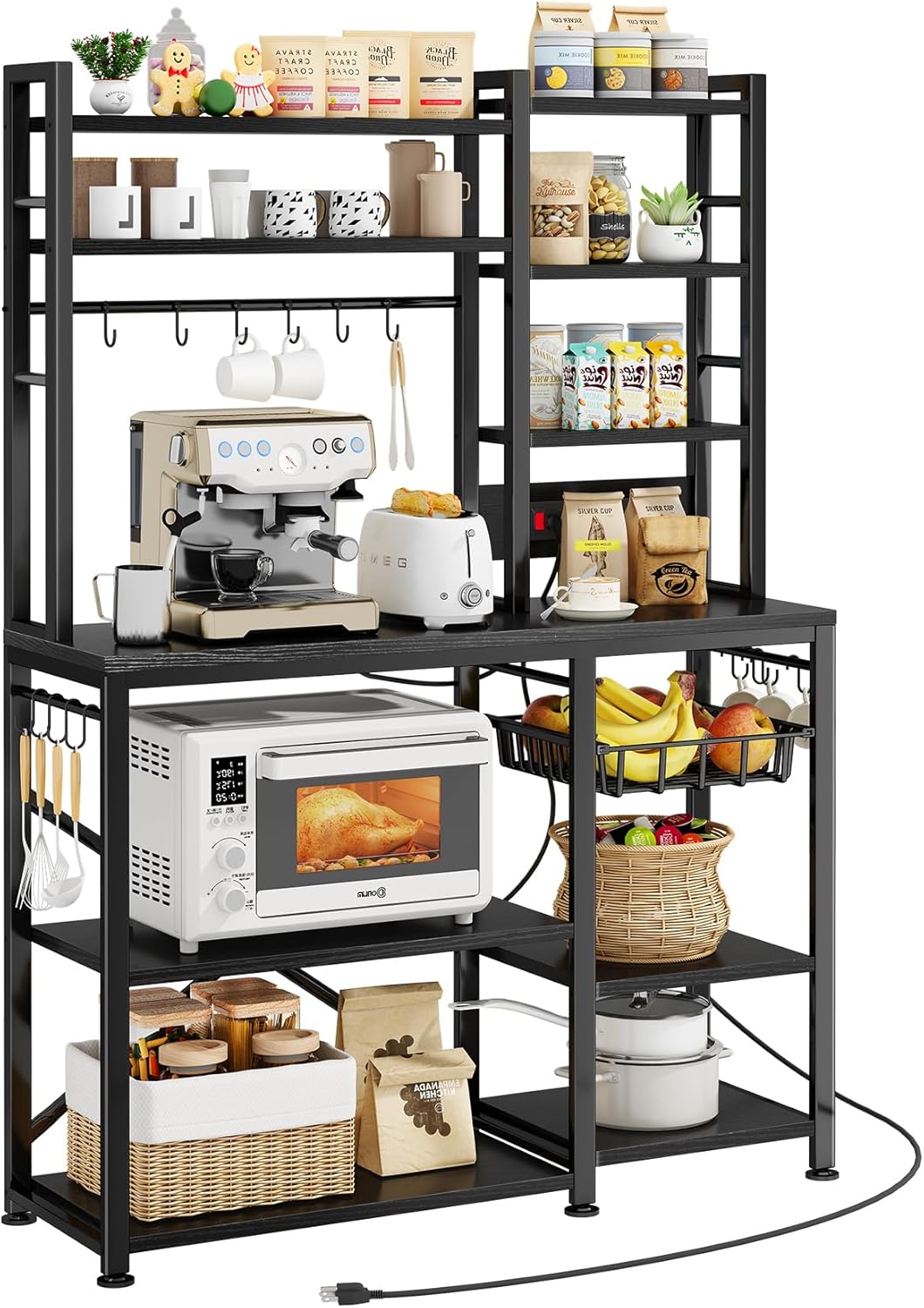 SNTD Baker Rack with Power Outlet - Microwave Stand with Storage, Large Coffee Bar Station with 14 Hooks, Metal Kitchen Shelf Rack for Spices, Pots (Rustic Black)