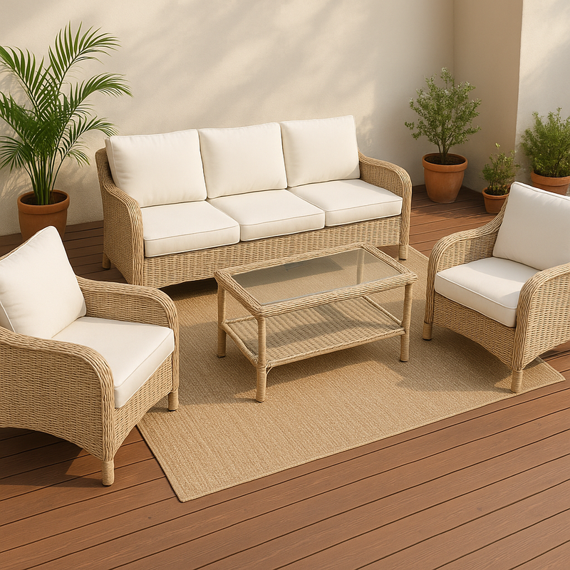 Juego de sofá de ratán sintético beige con cojines blancos