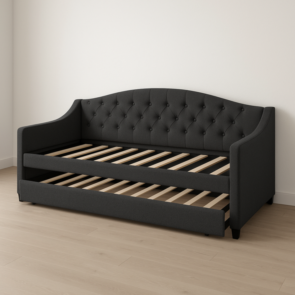 Sofá Cama Gris Oscuro 200×90×80 cm con Función Nido y Estructura de Madera Maciza