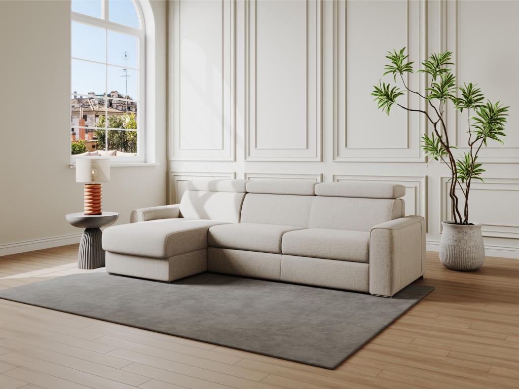 Sofá cama esquinero reversible con apertura italiana de tela beige - Cama en láminas anchas de 140 cm - Colchón de 22 cm - VIZIR