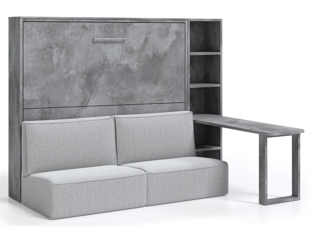 Cama escamoteable 160x200 sofá escritorio estante Lluesmahome alta-Con colchón-Sofá Gris claro-Con estante-Estructura y fachada Gris cemento NETU19347