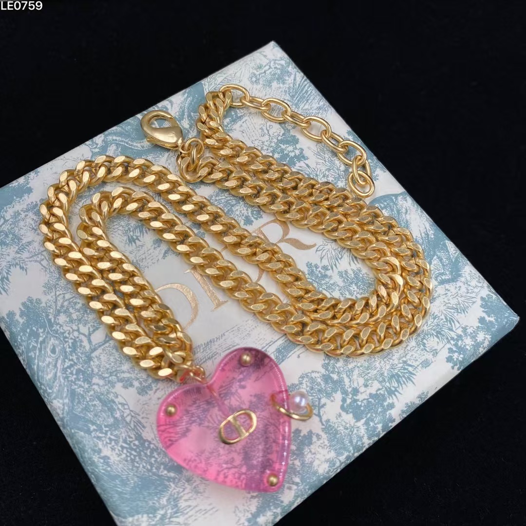 Dior Chunky Cuban Chain Big Pink Heart Pendant Necklace - Original Replica Club