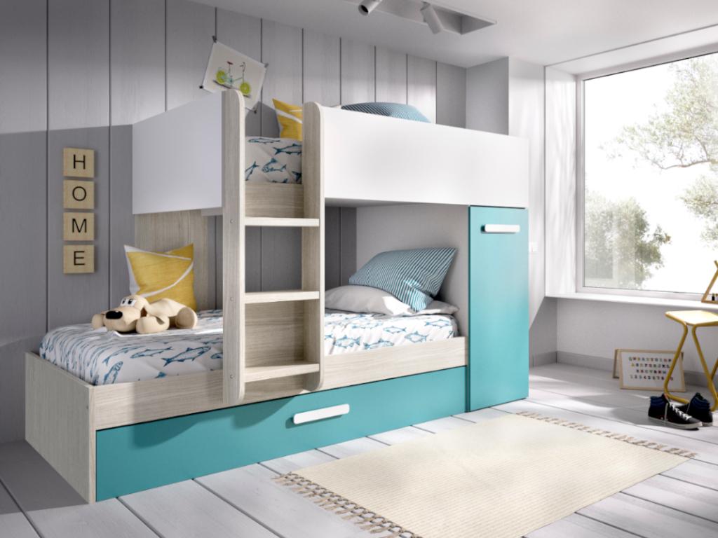 Litera con cama nido y compartimentos 3 x 90 x 190 cm - Blanco, natural y azul - ANTHONY