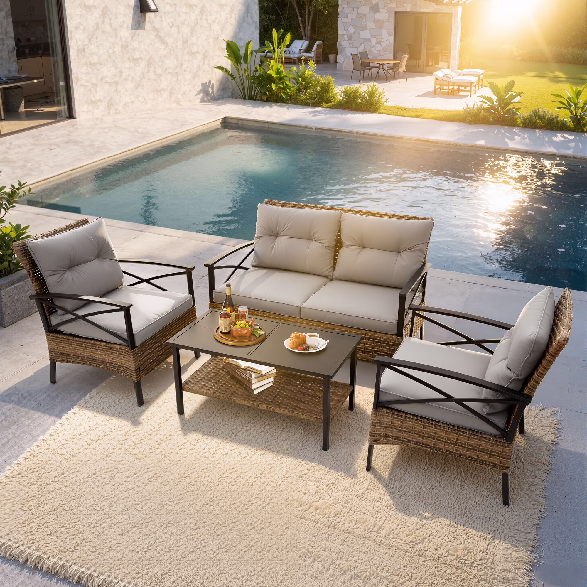 Heavy-duty Patio Furniture Set, 4 Piece Outdoor Sectional Conversation Sets, BrownPE Rattan Patio Sofa Set with Blue Cushions