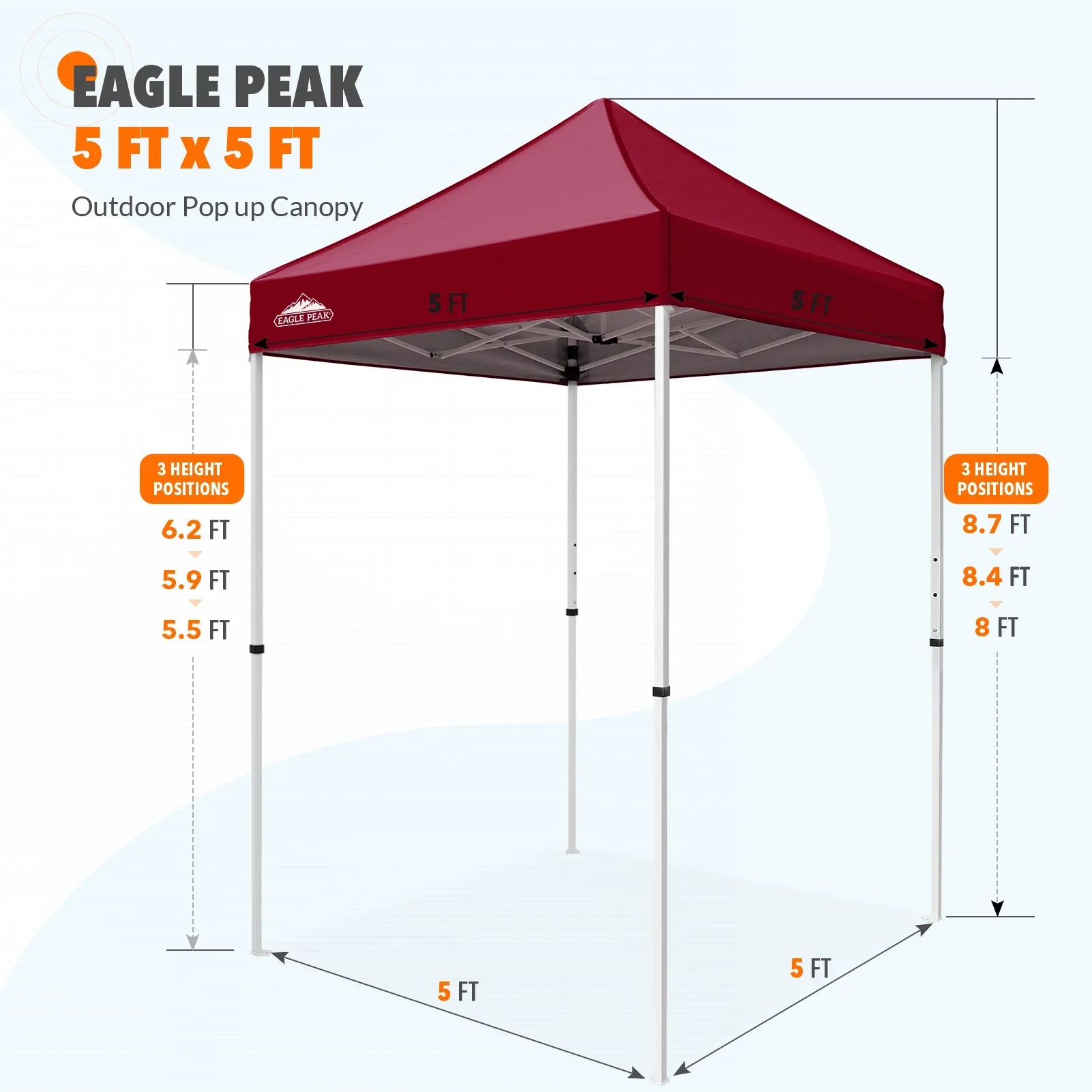 EAGLE PEAK 5x5 Pop up Canopy Tent Instant Outdoor Canopy Easy Set - up Straight Leg Folding Shelter（blue）