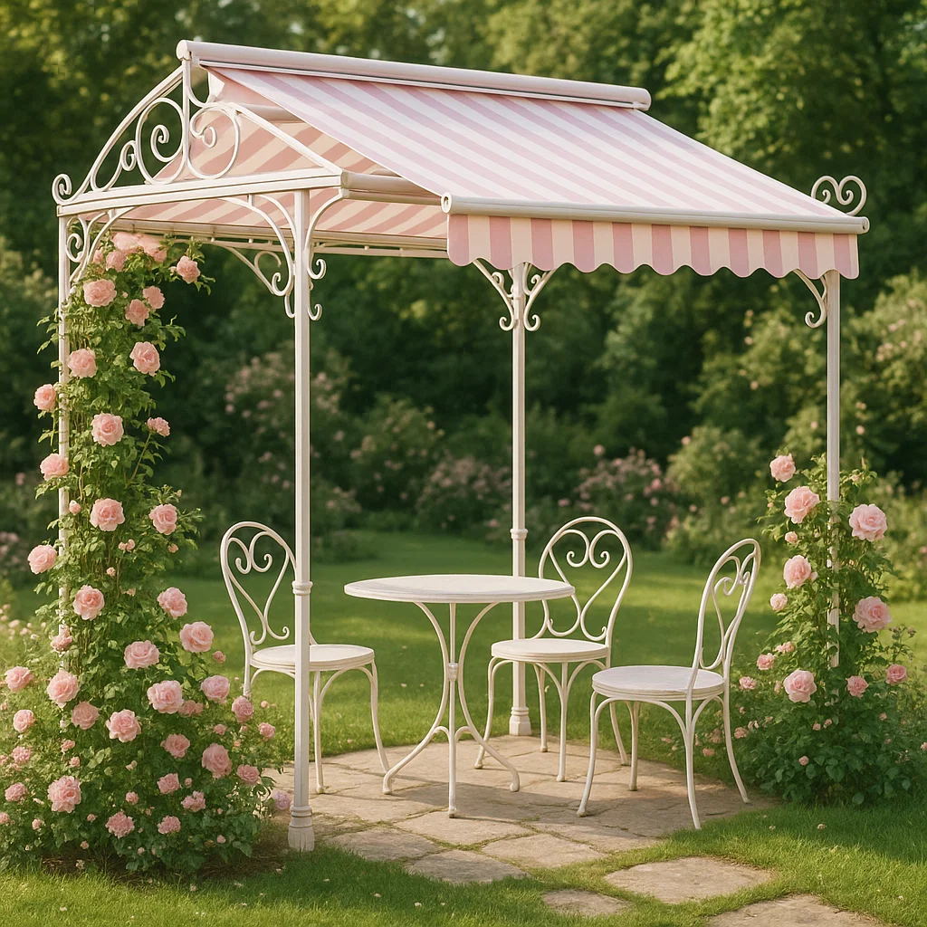 Toldo para jardín - Color blanco y rosa, metal y tela - para exterior, dimensiones aproximadas: 350x250x320 cm nFCiigj327lt