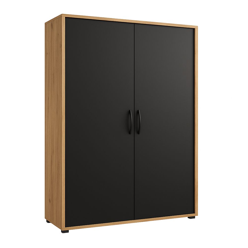 Armario moderno de dos puertas, estilo contemporáneo en color negro y madera clara, adecuado para almacenamiento en el hogar o la oficina