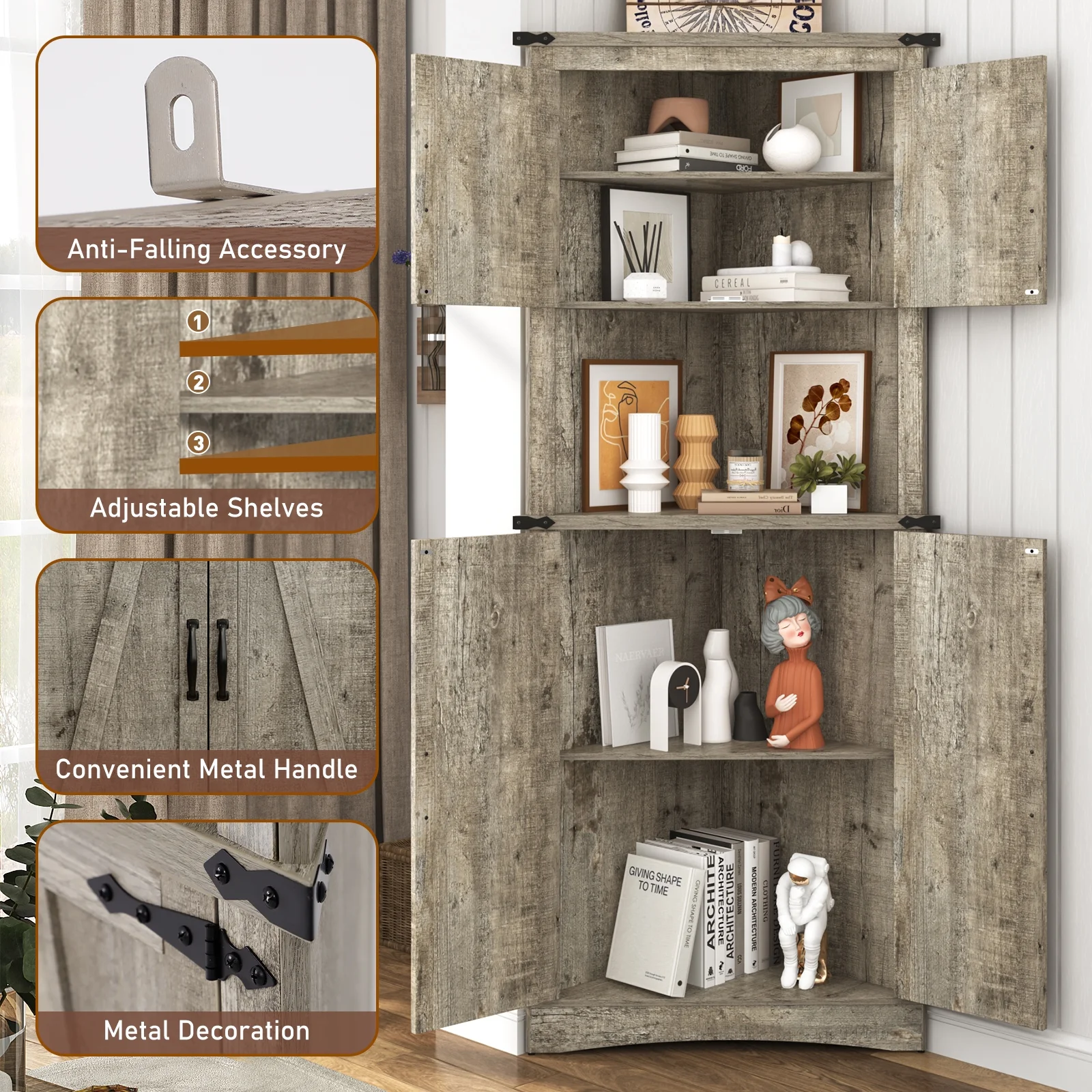 Blotout 68" Tall Farmhouse Corner Cabinet with 4 Doors, 28.3" W Barn Door Storage Cabinet with Adjustable Shelves, 5 Tier Corner Storage Cabinet for Bathroom,Living Room,Kitchen - Image 14