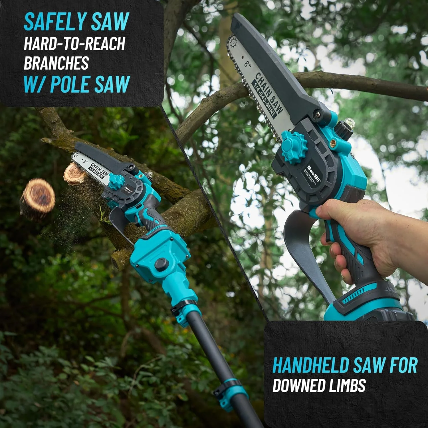 Seesii 2-in-1 Cordless Pole Saw, 8 Inch Brushless Pole Chainsaws Mini Handheld Chainsaw with 2Pcs 21V Batteries, 2x Chains, Auto Oiler, 16FT MAX Extension Pole Saws for Tree Trimming - Image 2