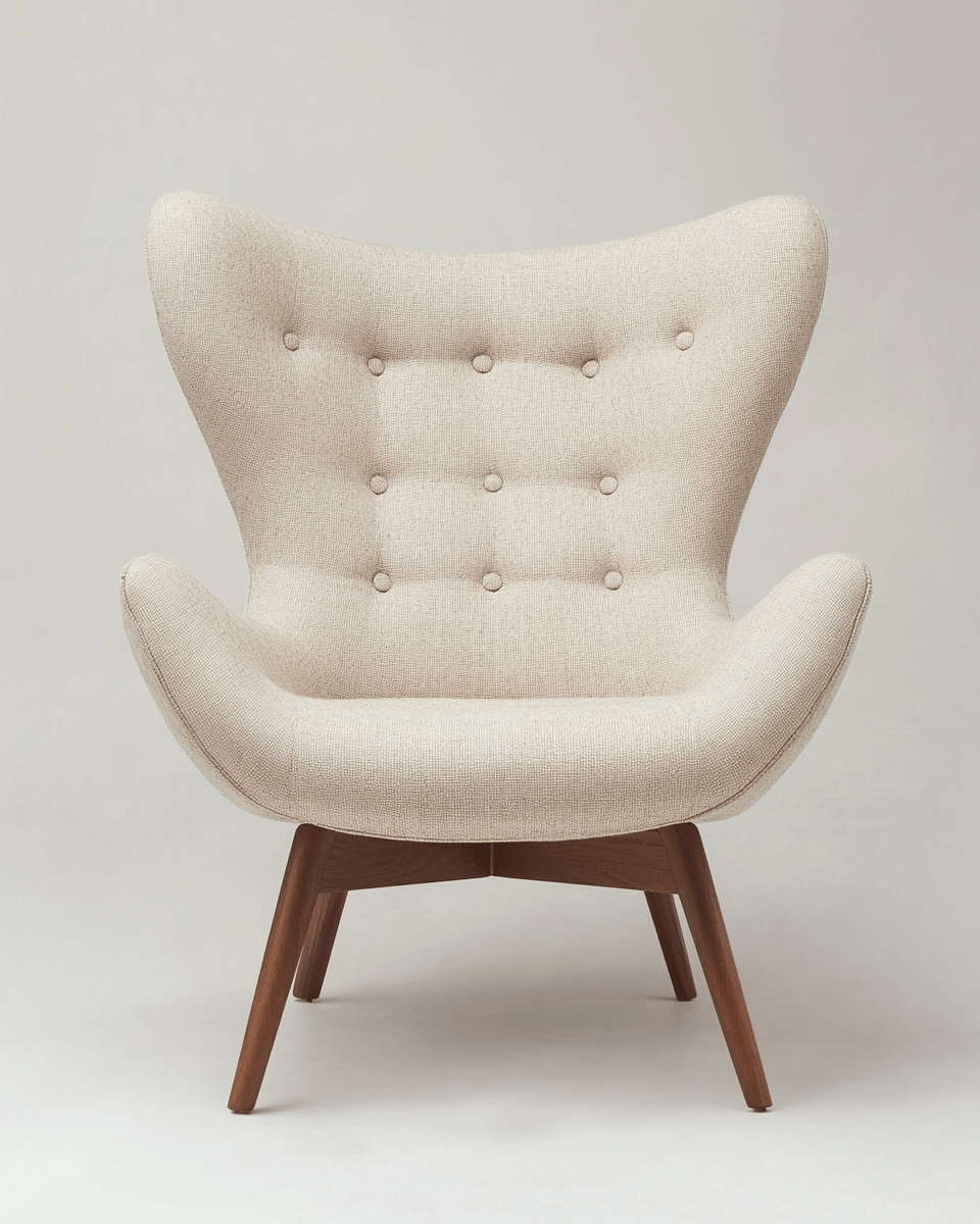 Sillón tapizado en tela beige – patas de madera maciza – estilo mid-century