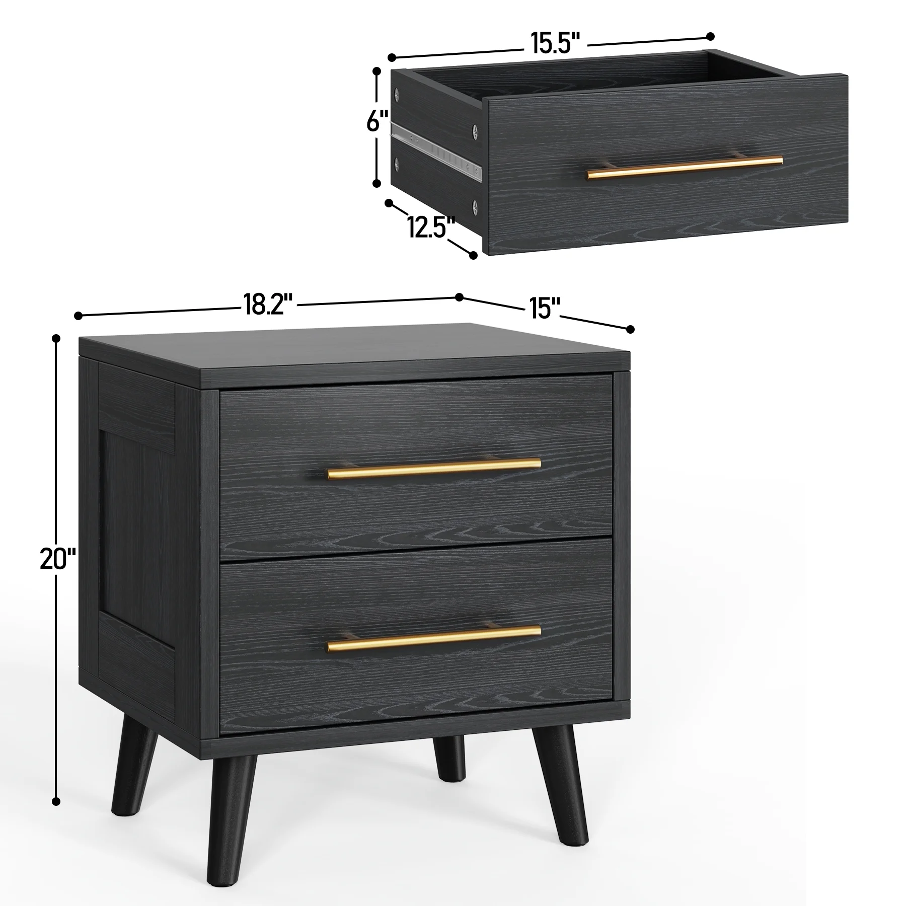 Bedroom Furniture Set - Includes Queen Bed Frame, Nightstands Set of 2, 5 - Drawer Dresser & Double Wide 6 - Drawer Dresser - Modern Storage Solution for Stylish Home Decor, Black