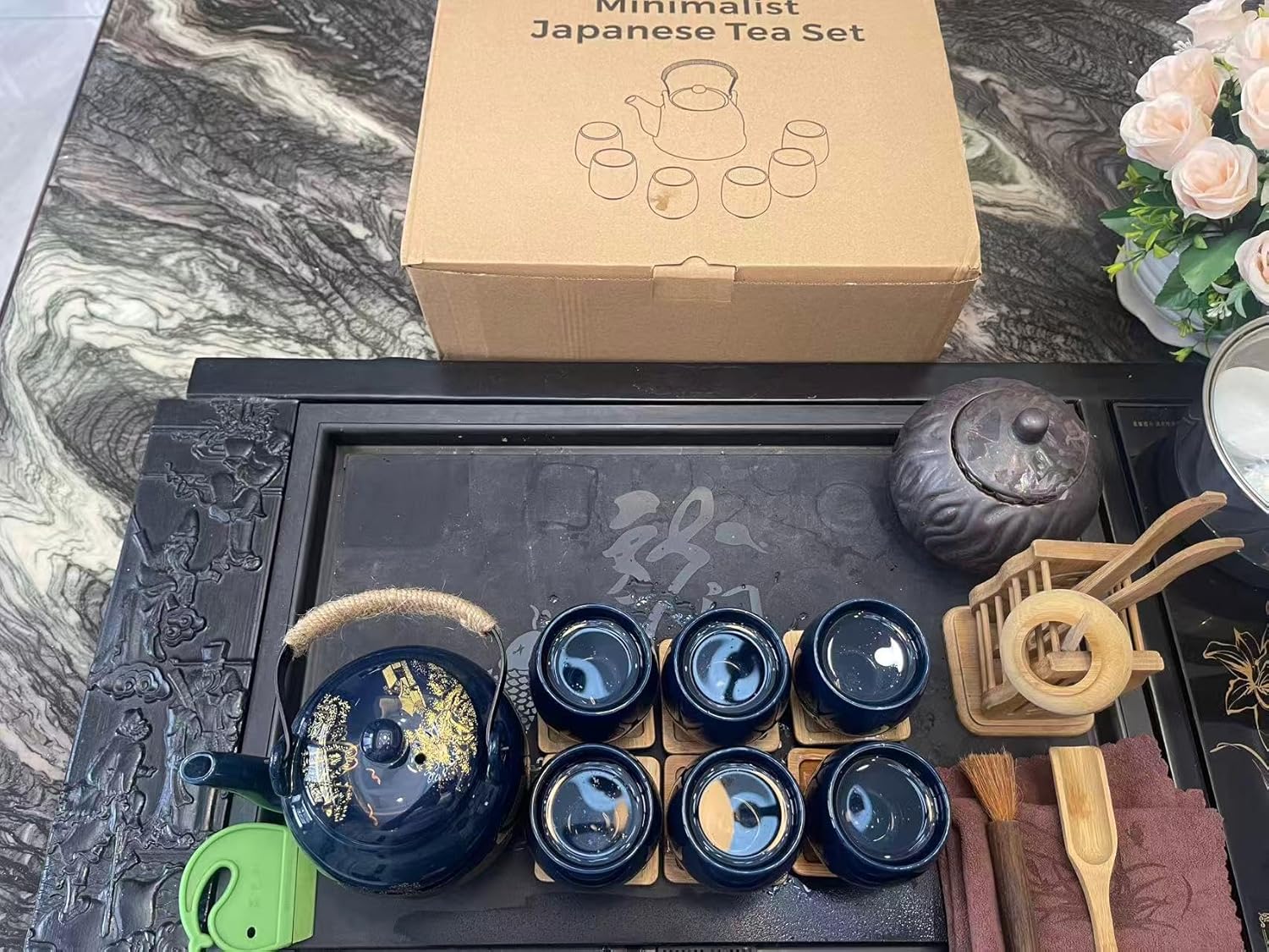 Gift Set Japanese Tea Set, Asian Black Glazed Ceramic Tea Set - Contains 1 Teapot, 1 Tea Strainer and 6 Teacups. Ideal for Home, Outdoor, Office (Blue2)