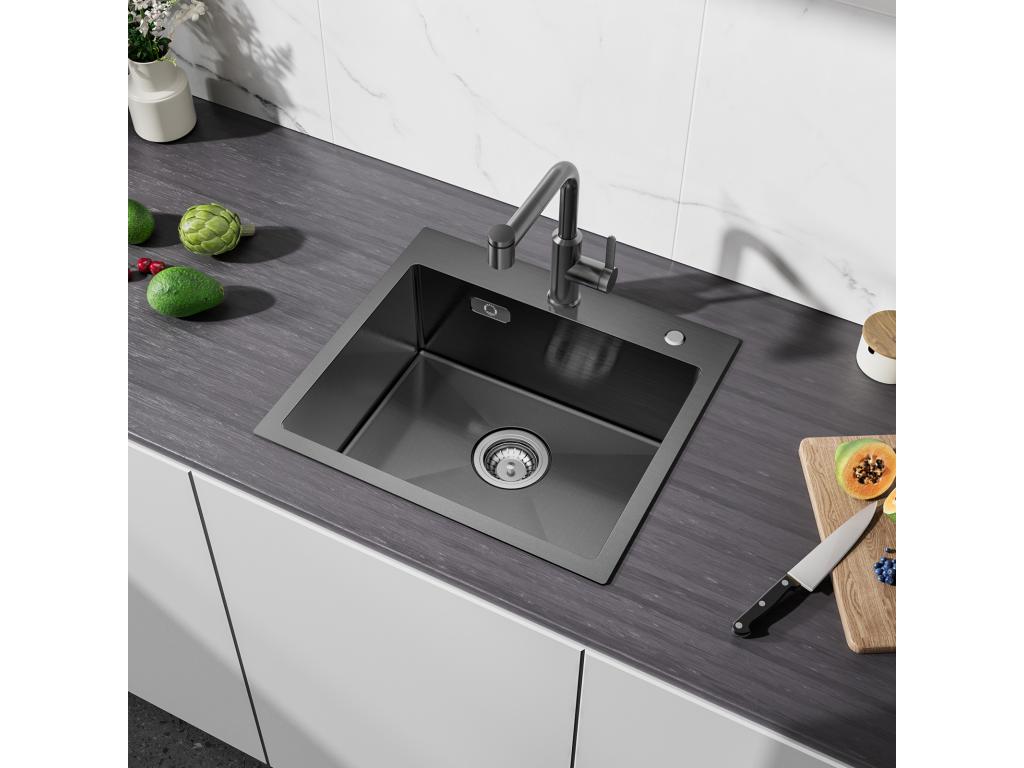 hogvips Fregadero de Acero Inoxidable Fregadero de 1 Seno 50×45 cm Fregadero de Cocina en Nanómetros Negros + Grifo Monomando con Ducha Extraíble, 3 Modos de Salida de Agua, Negro