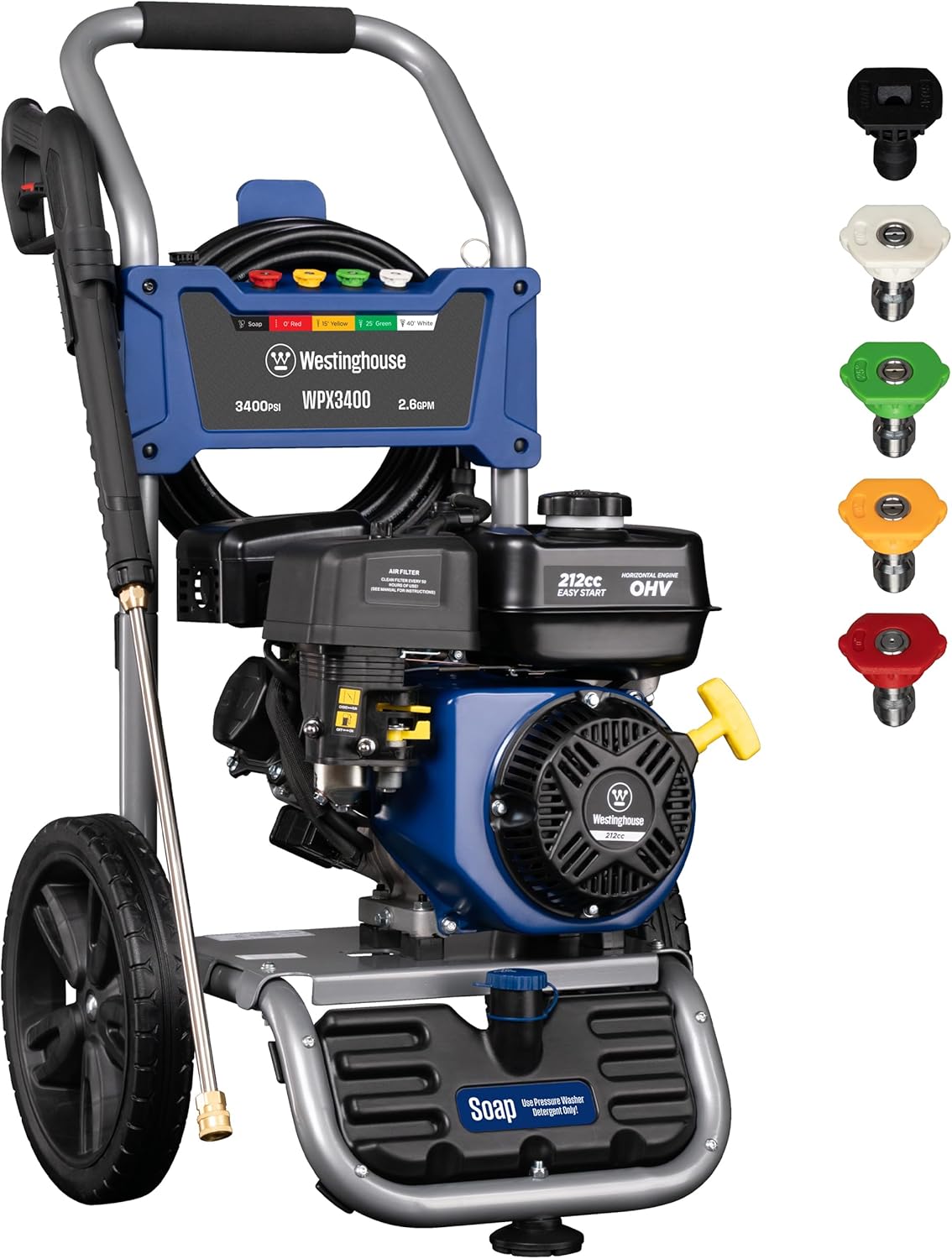 WAYFAIR Westinghouse WPX3400 Gas Pressure Washer, 3400 PSI And 2.6 Max GPM, Onboard Soap Tank, Spray Gun And Wand, 5 Nozzle Set, For Cars/Fences/Driveways/Homes/Patios/Furniture