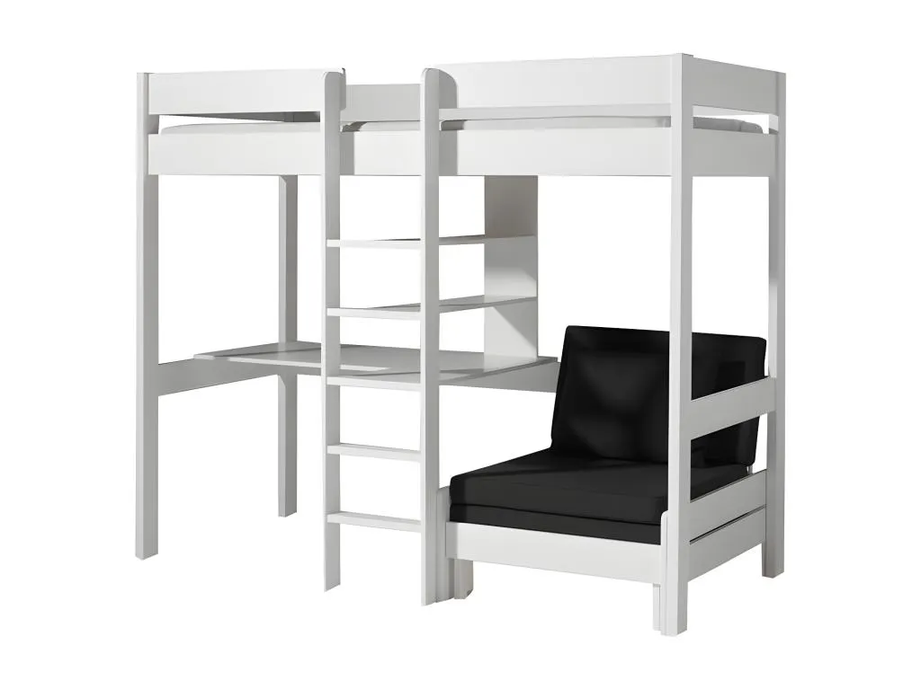 Cama alta 90x200 con base y sillones - Pino - Blanco djy480681
