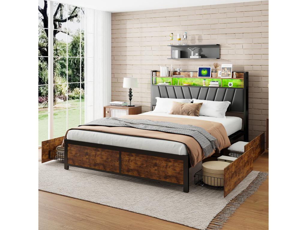 Cama doble 160x200cm - con somier de láminas de metal y cabecero con almacenamiento LED - estilo industrial - cama de PU negra