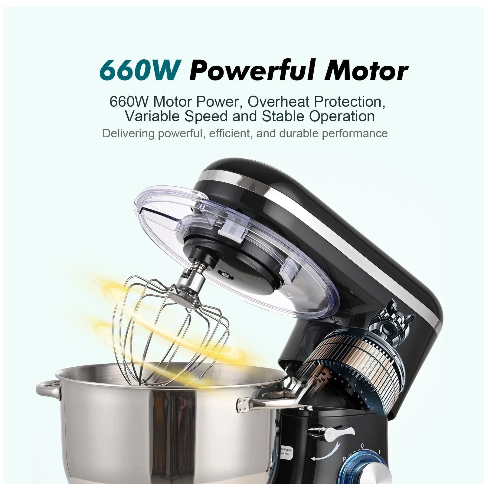 Kitchen in the box Tilt-Head Stand Mixer, Electric Kitchen Mixer with 6.5QT Stainless Steel Bowl, 660W Food Mixer with 6-Speed, Black - Image 6