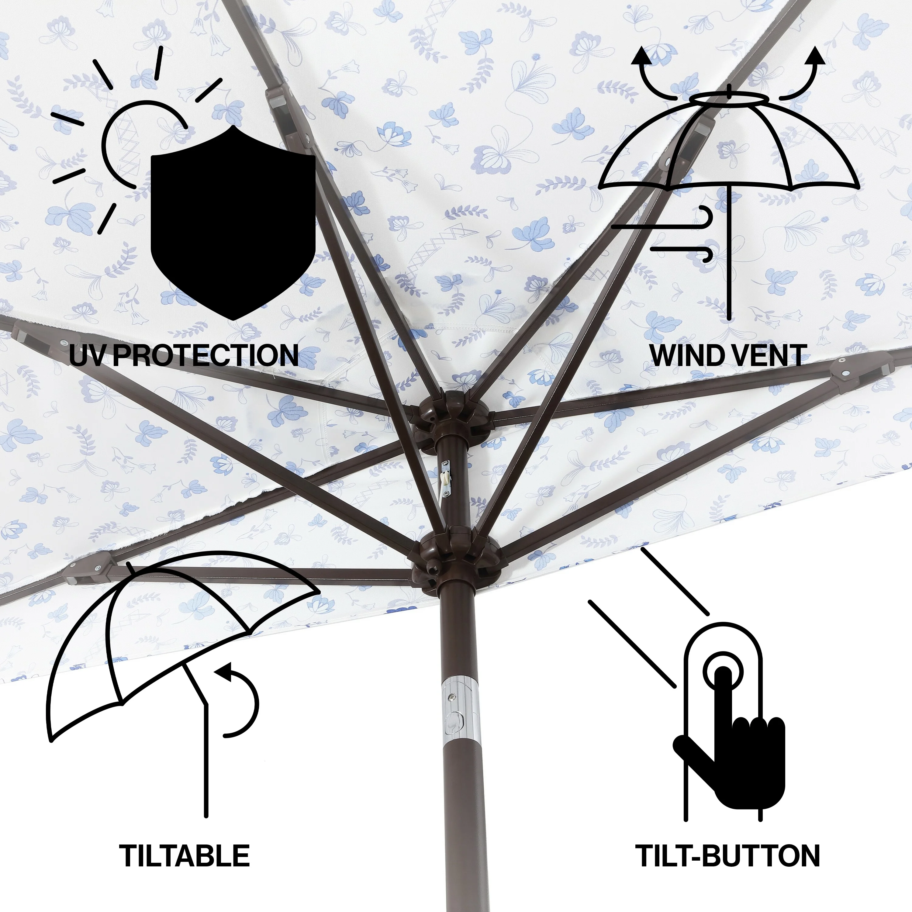 JONATHAN Y Beverly 9 ft. Half Market Patio Umbrella, Designer Classic Scalloped Fringe with Crank, Tilt Button and UV Protection, Blue/White/Cream, Dark Brown Pole - Image 6