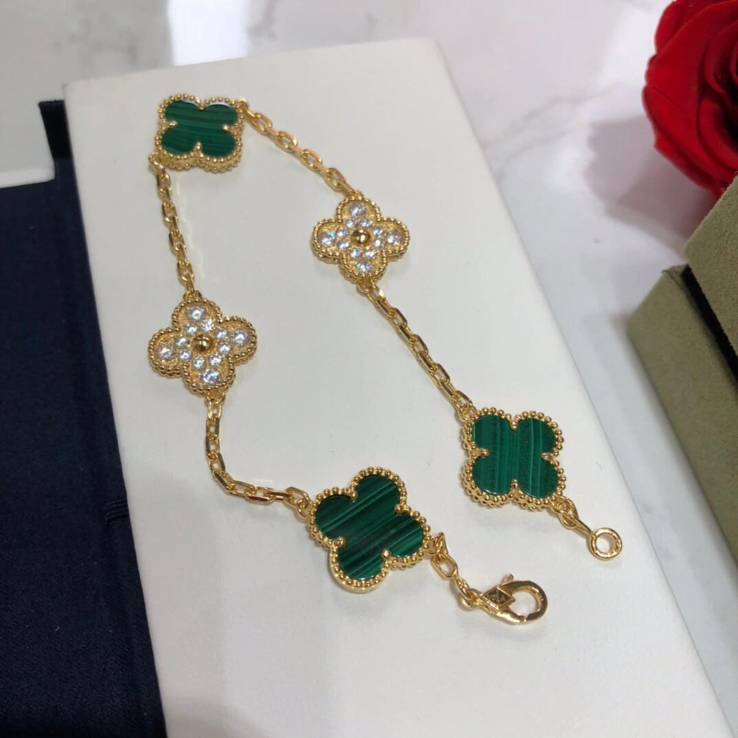 VCA Diamond and Malachite Vintage Alhambra Bracelet in Gol-tone, 5 Motifs - Original Replica Club