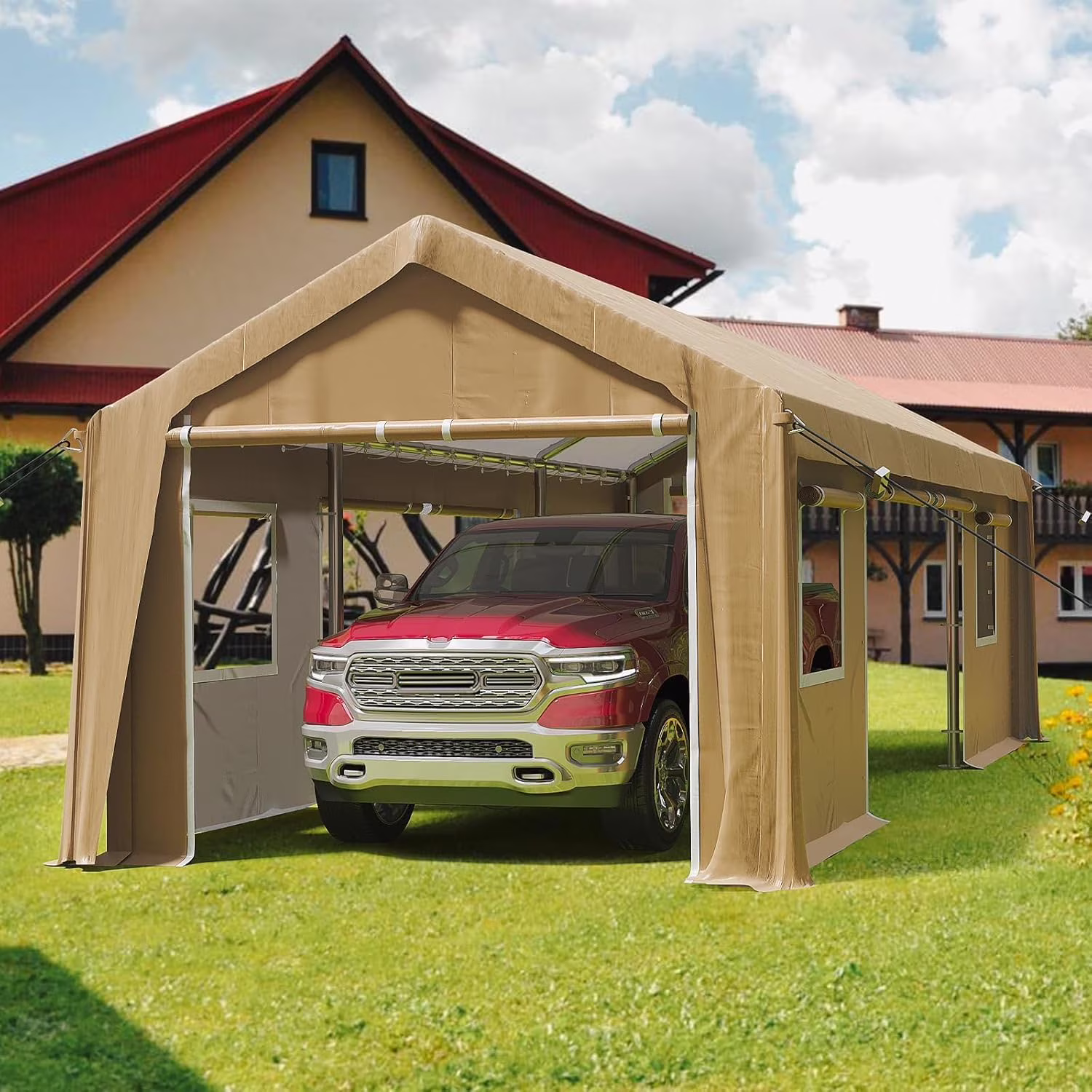 12x20 Heavy - Duty Carport Canopy Tent with 4 Roll - up Doors 4 Windows Waterproof UV - Protected Powder - Coated Steel Frame Removable Sidewalls Khaki(10' x 20'/Gray)