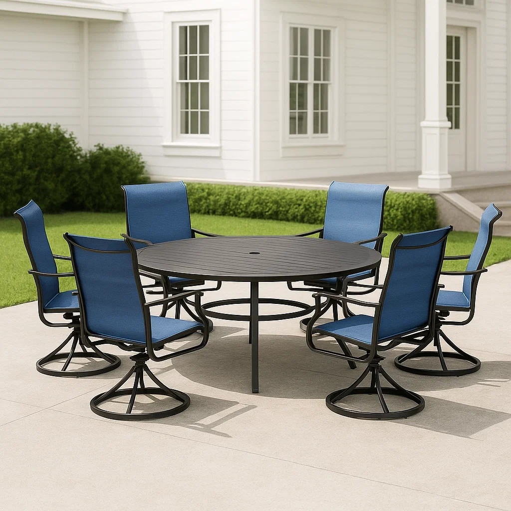 Conjunto de comedor de terraza,mesa redonda con 6 sillas,negro,hierro,adecuado para jardín