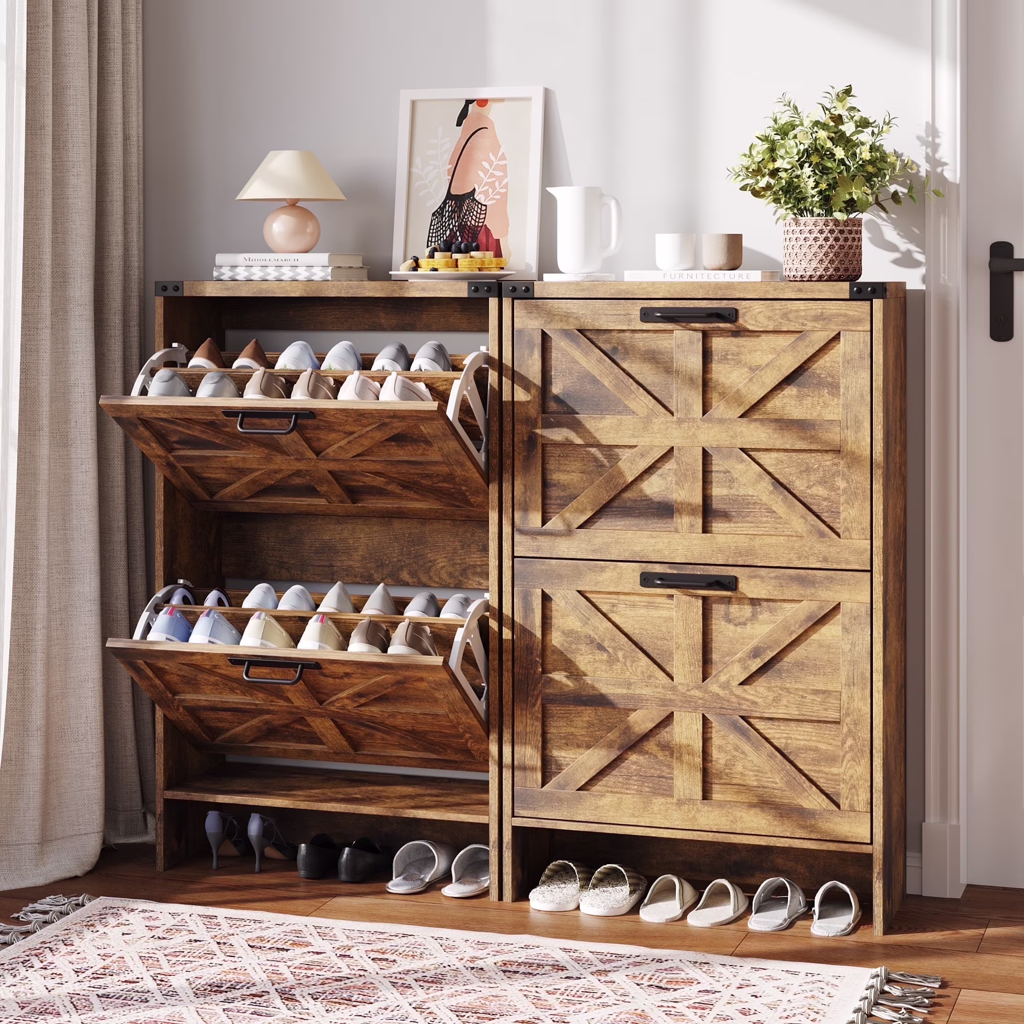 VEANERWOOD Shoes Storage Cabinet With Doors, Farmhouse Shoe Cabinet With 2 Flip Drawers For Entryway,Gray