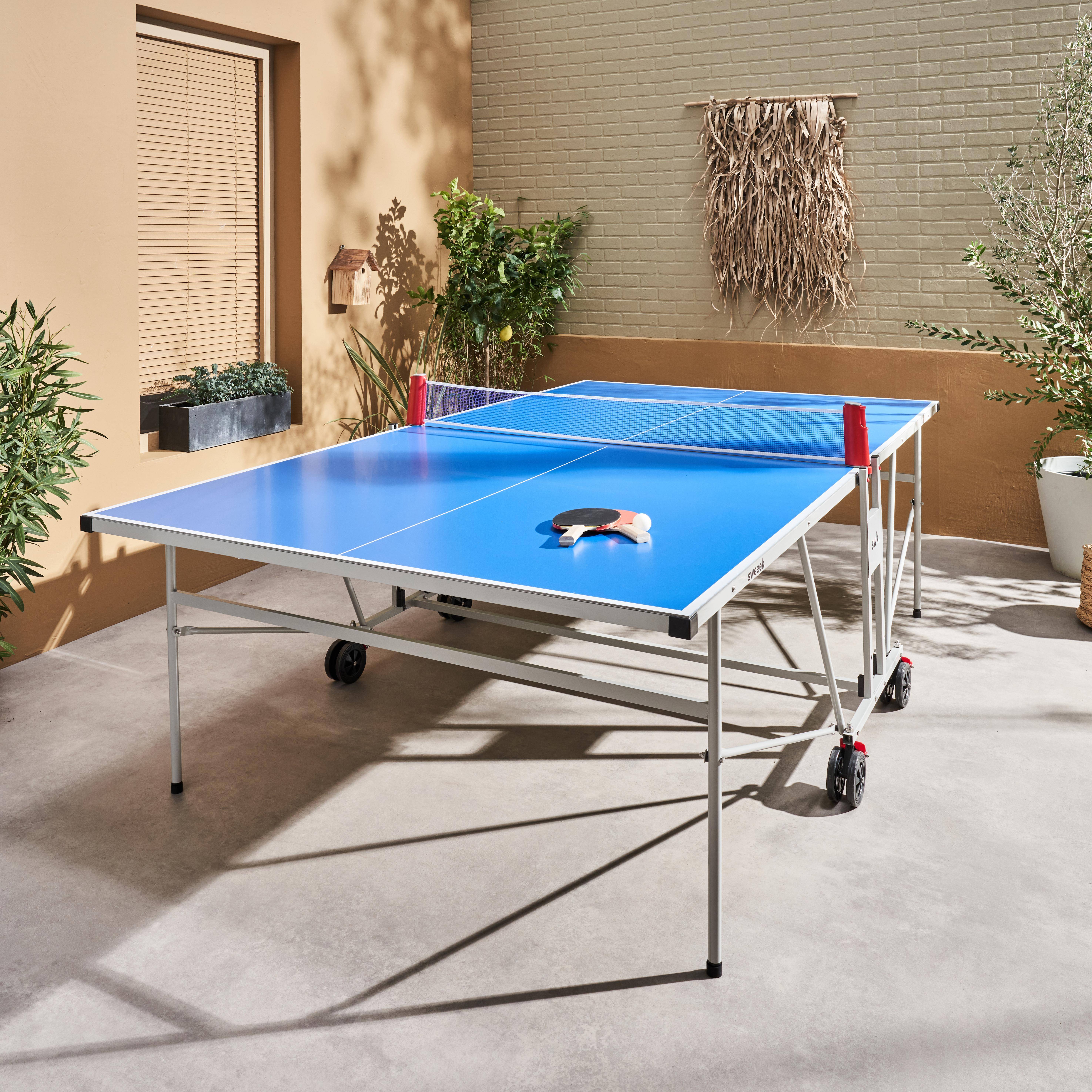 Mesa de ping pong exterior - Mesa de ping pong plegable para exterior con 4 raquetas y 6 pelotas, 274cm