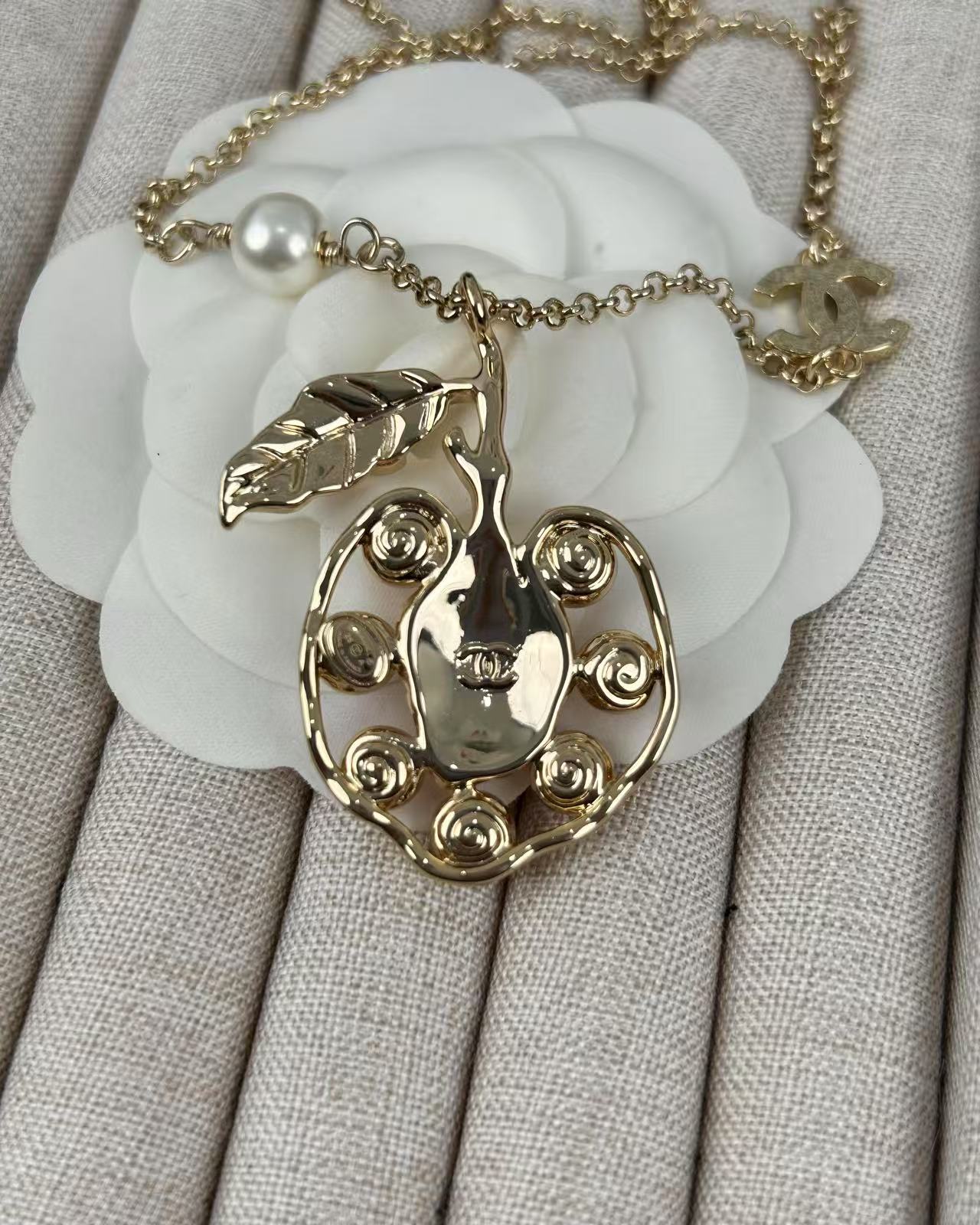 Chanel Pink Rhinestone Peach Pendant Necklace - Original Replica Club