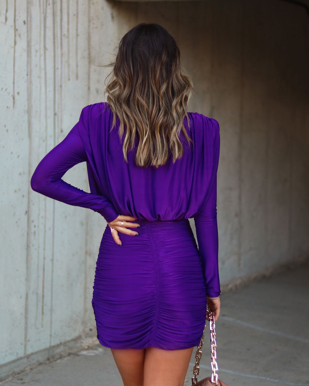 Chance To Dance Padded Shoulder Ruched Mini Dress - Plum - Se7enfashion