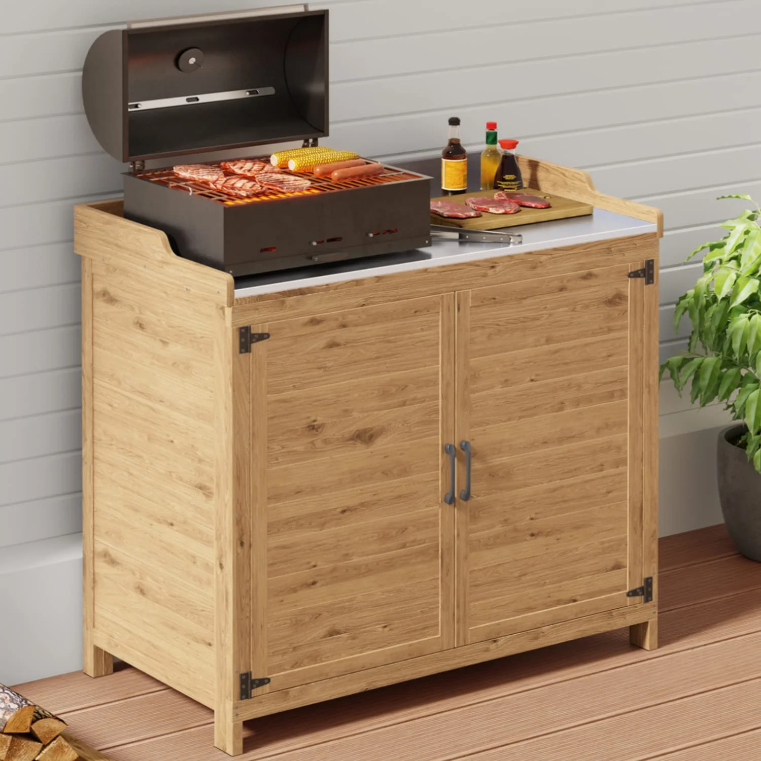 Lofka Outdoor Storage Cabinet, Outdoor Potting Bench Table with Removable Shelves for Yard, Garden, Waterproof Wood - Image 5