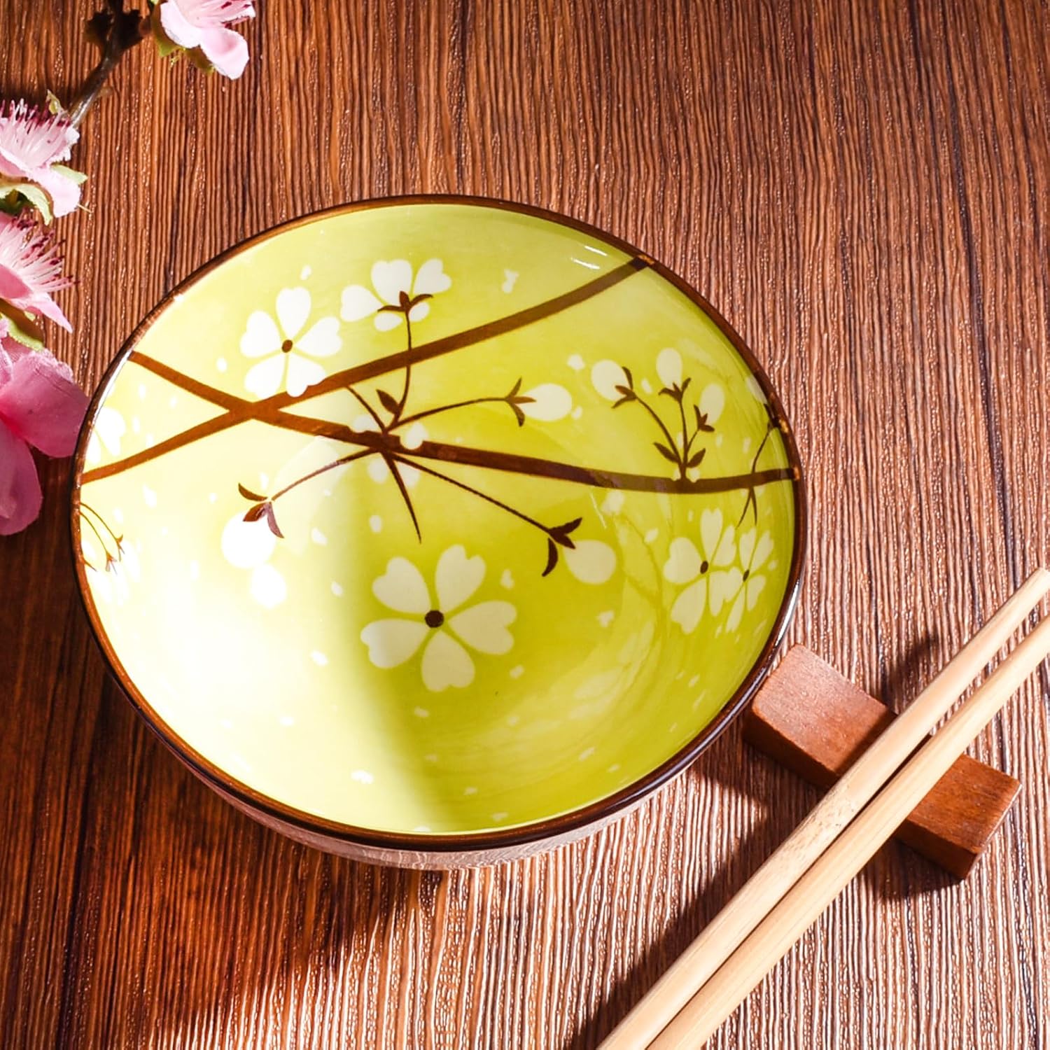 Japanese Cherry Blossom Ceramic Rice Bowl Set with Chopsticks Set of 2, Purple and Green