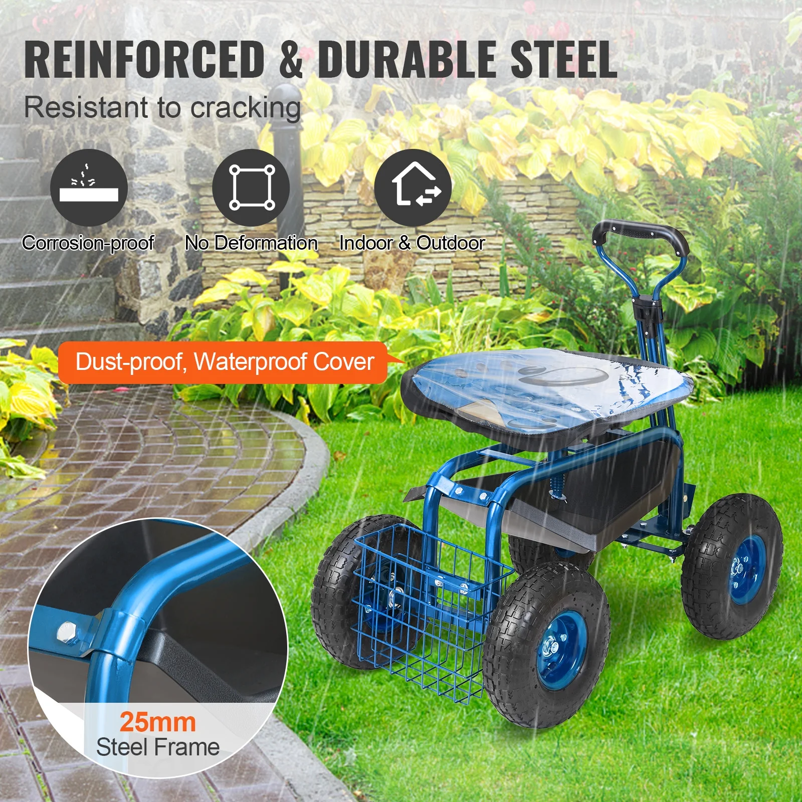 KFFKFF Outdoor Cart with Rotating Seat, Planting Stool on Wheels, Garden Trolley with Directional Handle and Handy Tool Tray, Ideal for Lawn, Patio, and Outside Areas, Blue - Image 8
