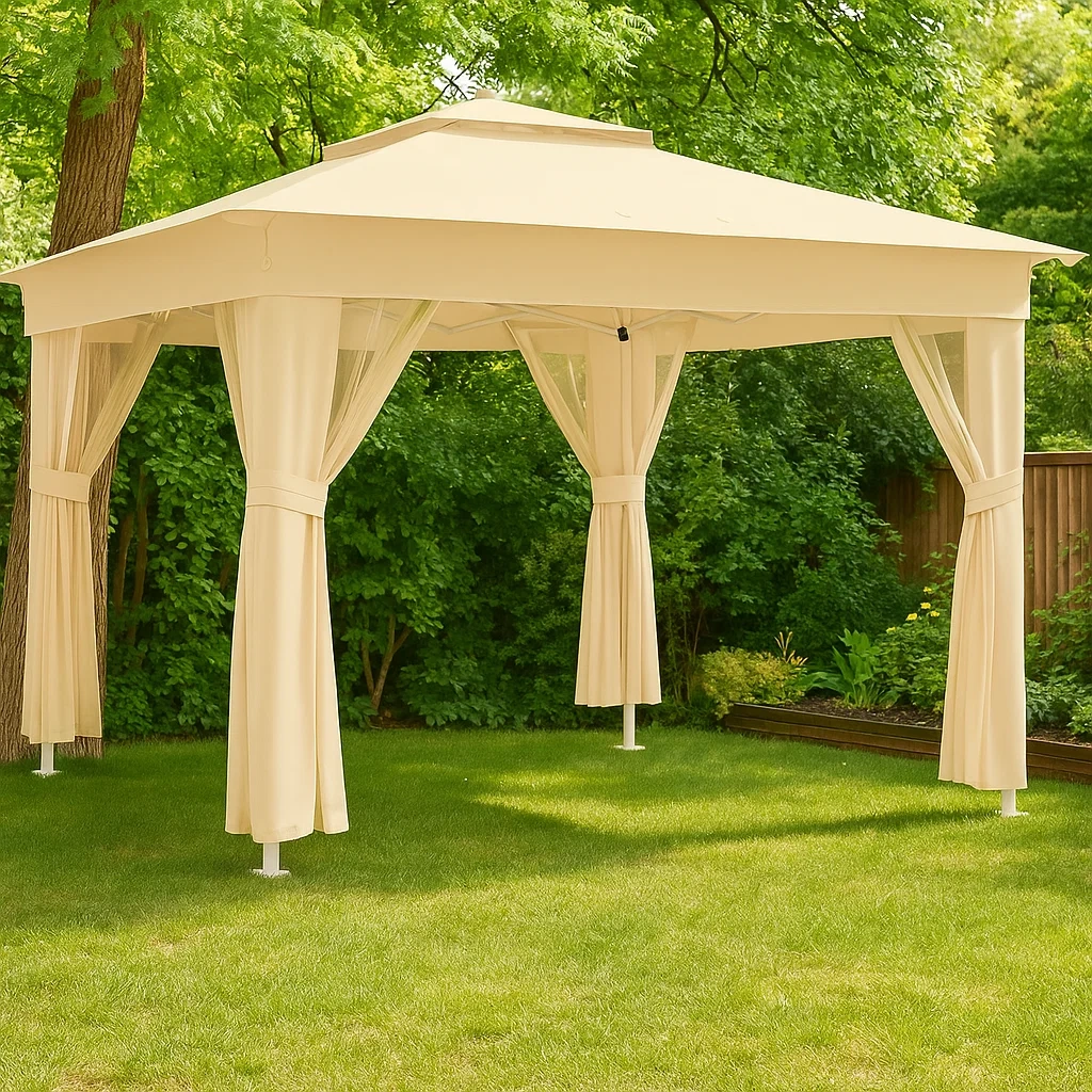 Pérgola con cortinas 3x3m beige estructura de acero para terraza y jardín - XrhSmmF152kE