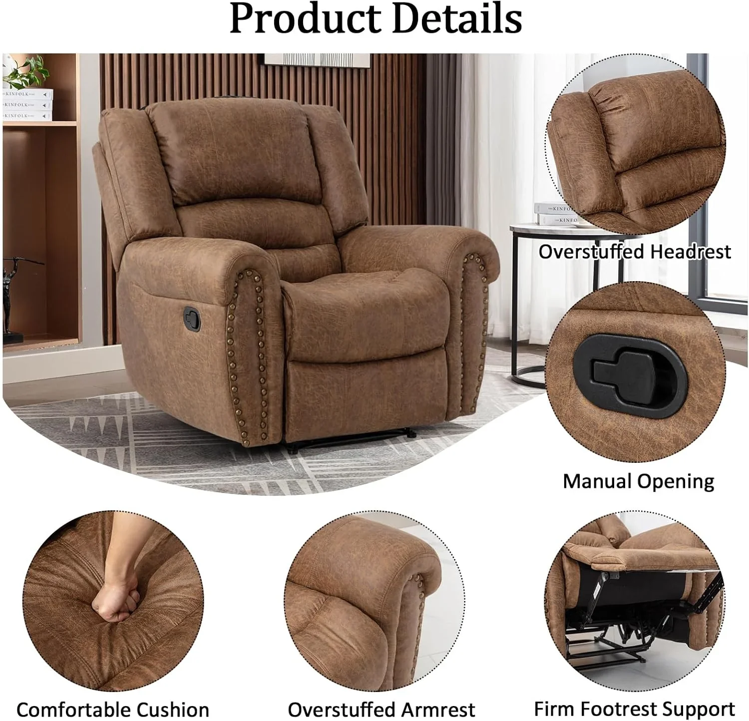 CANMOV Leather Recliner Chair, Classic and Traditional Manual Recliner Chair with Comfortable Arms and Back Single Sofa for Living Room, Nut Brown