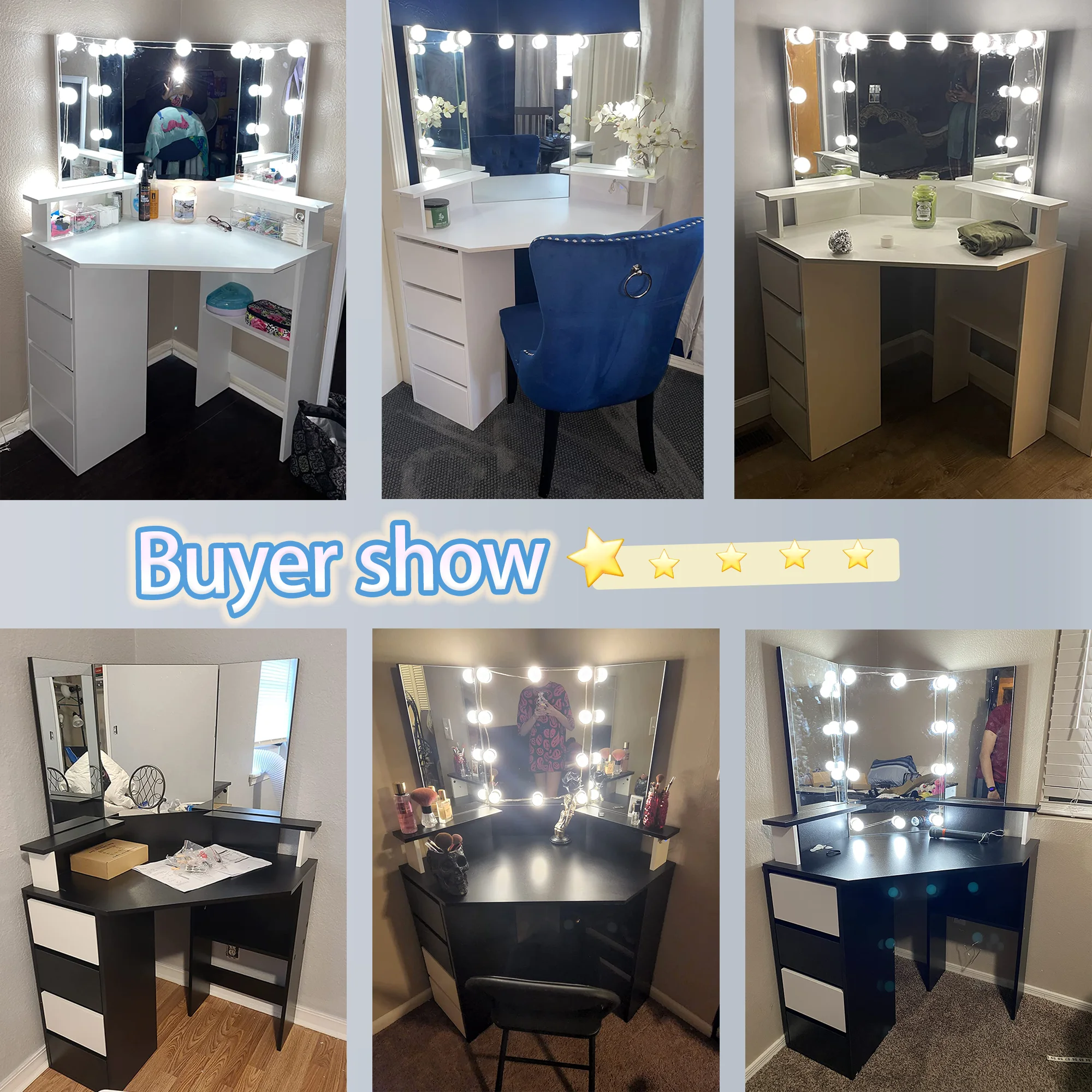 Veanerwood White Corner Vanity Desk with Mirror and Light,Makeup Table with 4 Drawers and Charging Station for Bedroom - Image 22